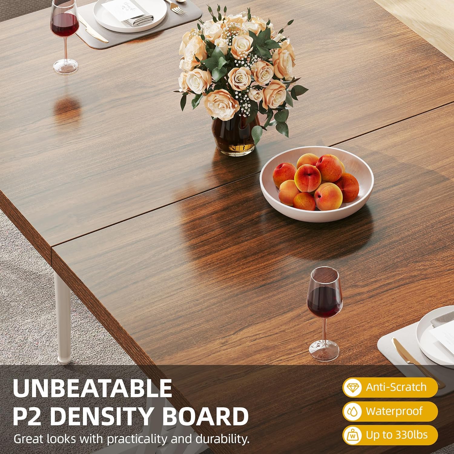 Modern Dining Table for 4 People 47 Inch Rectangular Kitchen Table with Walnut Tabletop and White Geometric Legs Small Dinner Table Kitchen & Dining Room Furniture