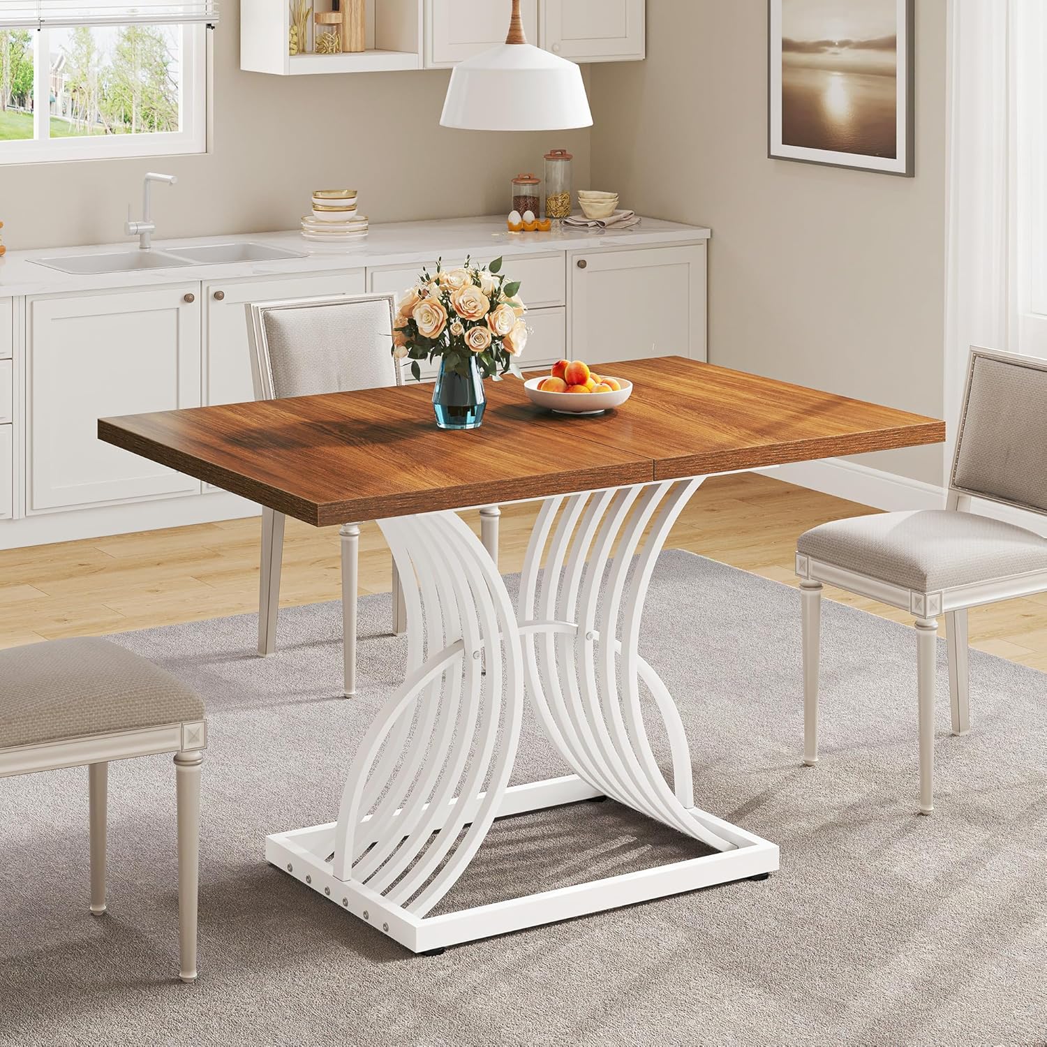 Modern Dining Table for 4 People 47 Inch Rectangular Kitchen Table with Walnut Tabletop and White Geometric Legs Small Dinner Table Kitchen & Dining Room Furniture