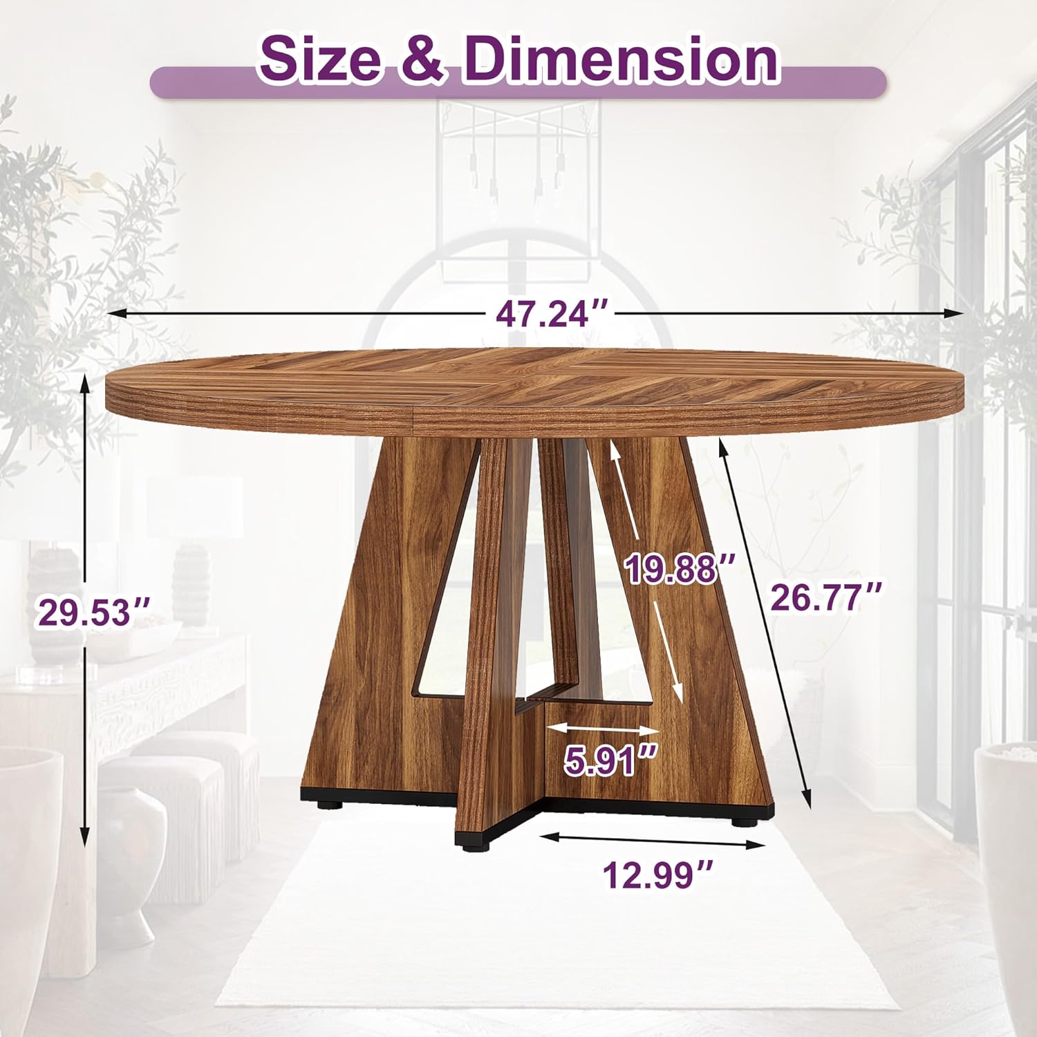 Round Dining Table for 4, 47" Wooden Kitchen Dinner Table Rustic, Farmhouse Table for Dining Room, Living Room, Brown