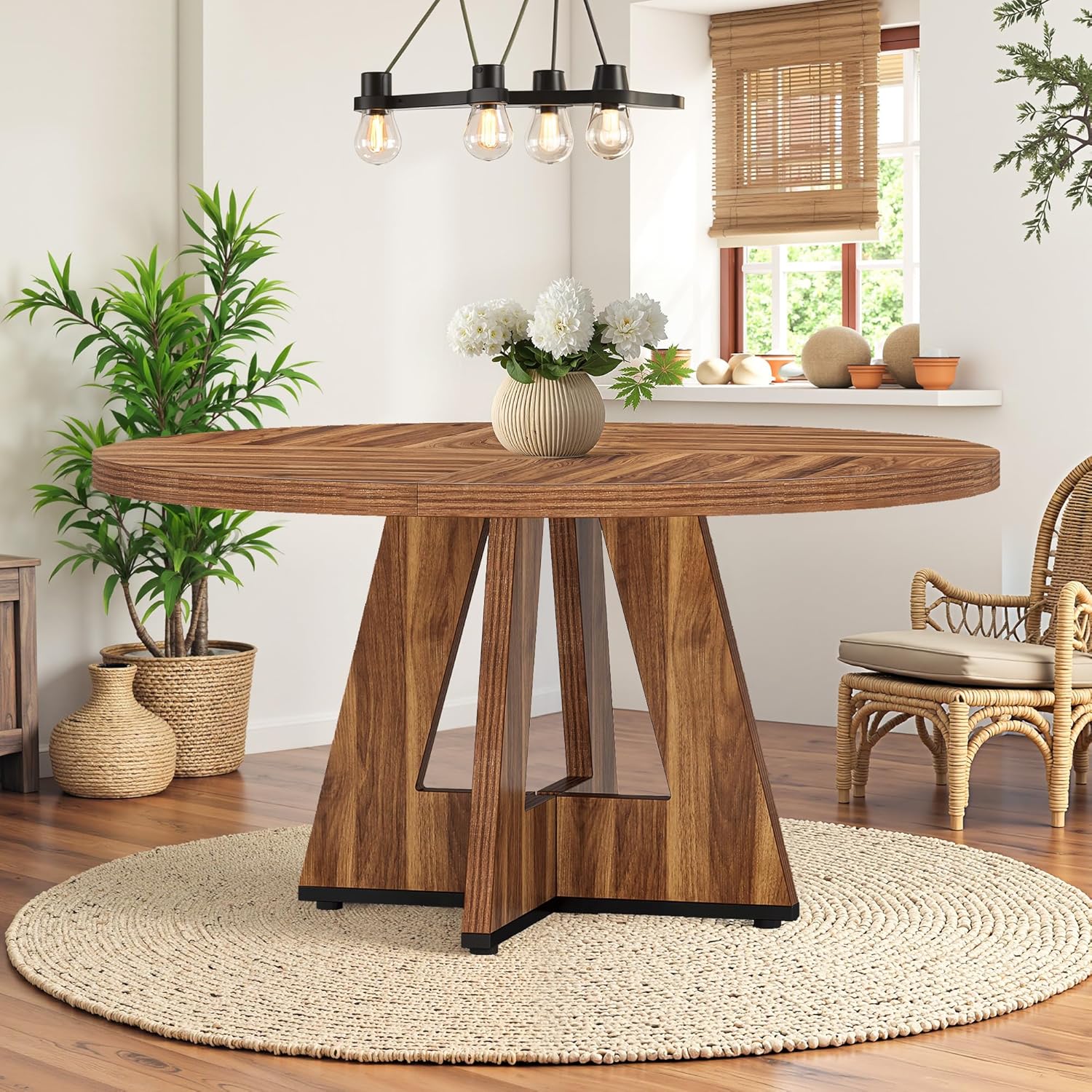 Round Dining Table for 4, 47" Wooden Kitchen Dinner Table Rustic, Farmhouse Table for Dining Room, Living Room, Brown