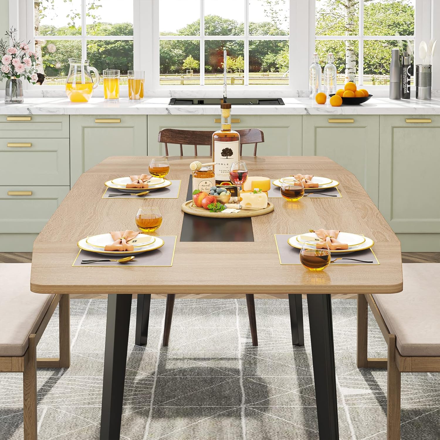 Modern Dining Table for 6 People, 70.86L x30.71W x 29.52H Inches Rectangle Kitchen Table Patio Table for Backyard,Dinning Room&Kitchen,Light Walnut