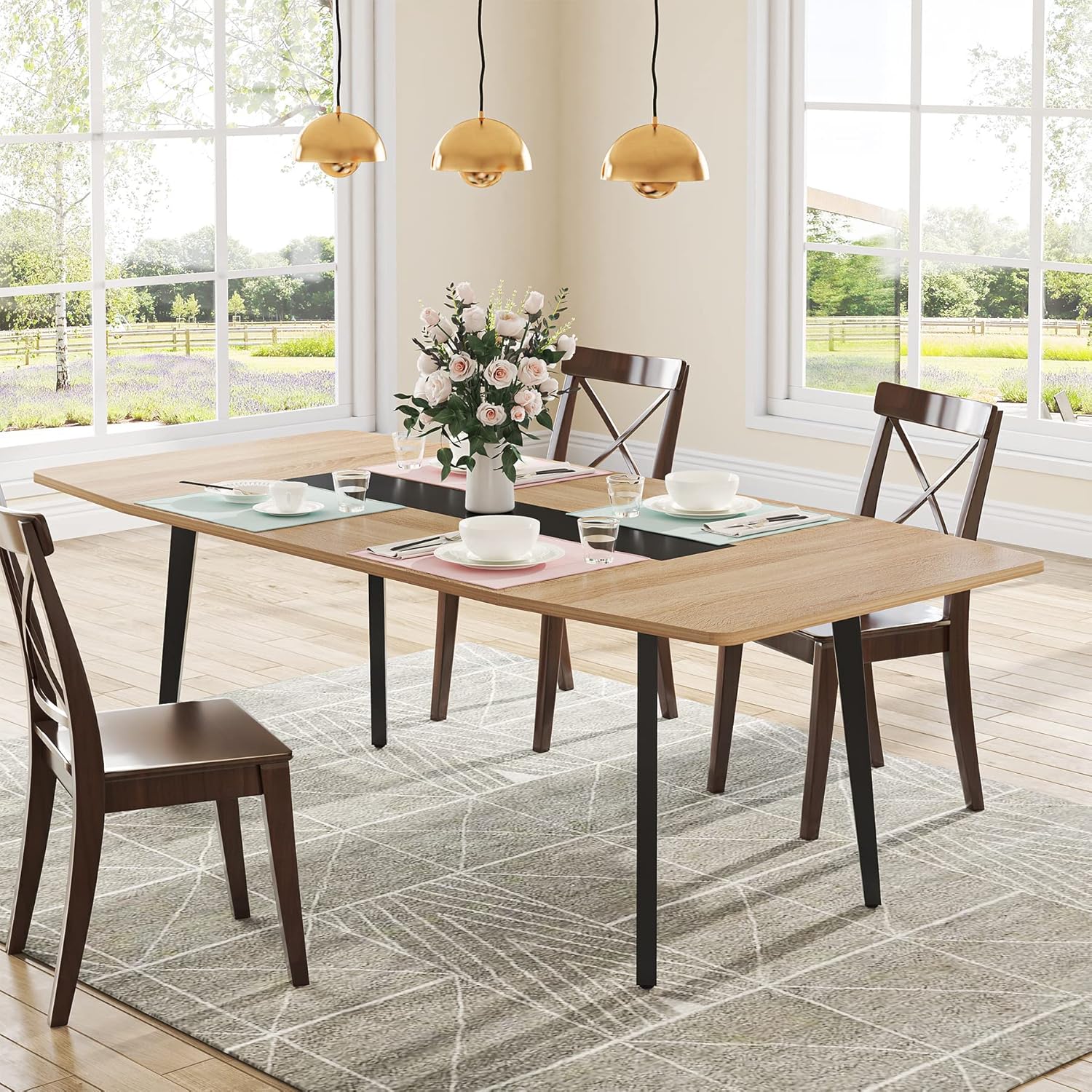 Modern Dining Table for 6 People, 70.86L x30.71W x 29.52H Inches Rectangle Kitchen Table Patio Table for Backyard,Dinning Room&Kitchen,Light Walnut