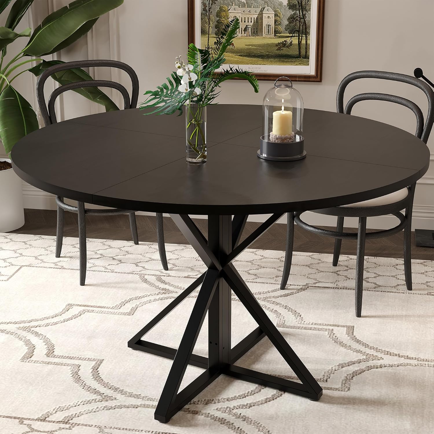 Round Dining Table for 4, 47" Dining Table, Circle Table, Dining Room Table with Heavy Duty Metal Base, Round Kitchen Table for Kitchen Dinning Room, Black