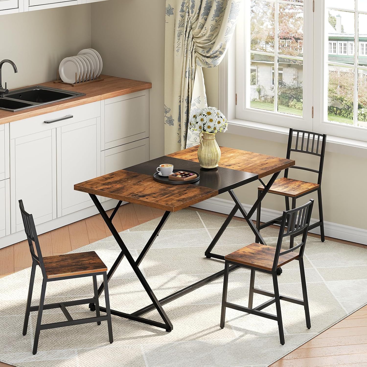 47''Dining Table, Kitchen Dining Table for 4, Wooden Kitchen&Dining Room Table, Industrial Style Table, Rectangular Dining Table for Home, Kitchen, Office, Rustic Brown and Black 