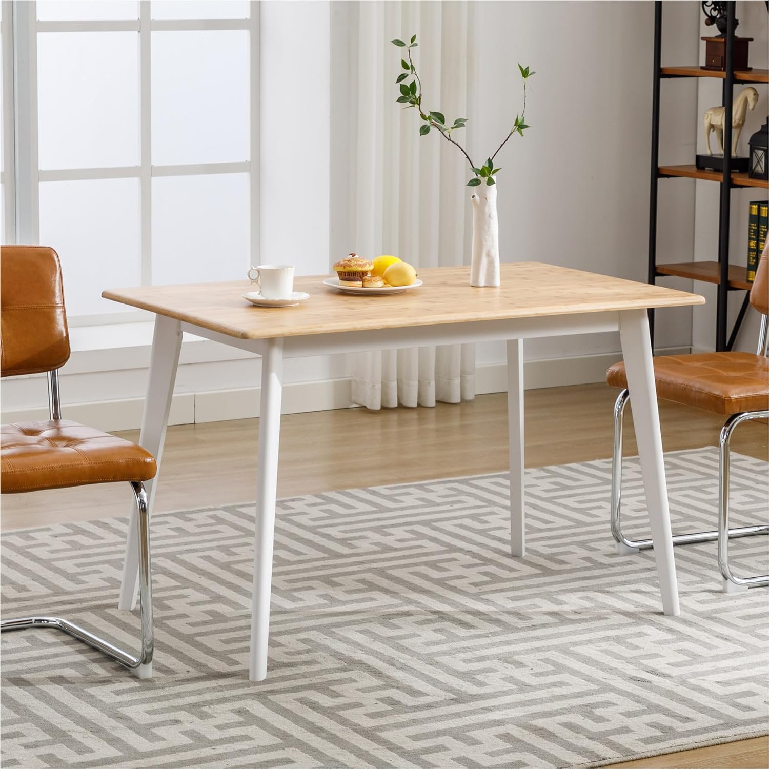 Dining Table Rectangular Kitchen Dining Room 100% Solid Bamboo Wooden Square Mid Century Table for Small Space 47 inch White