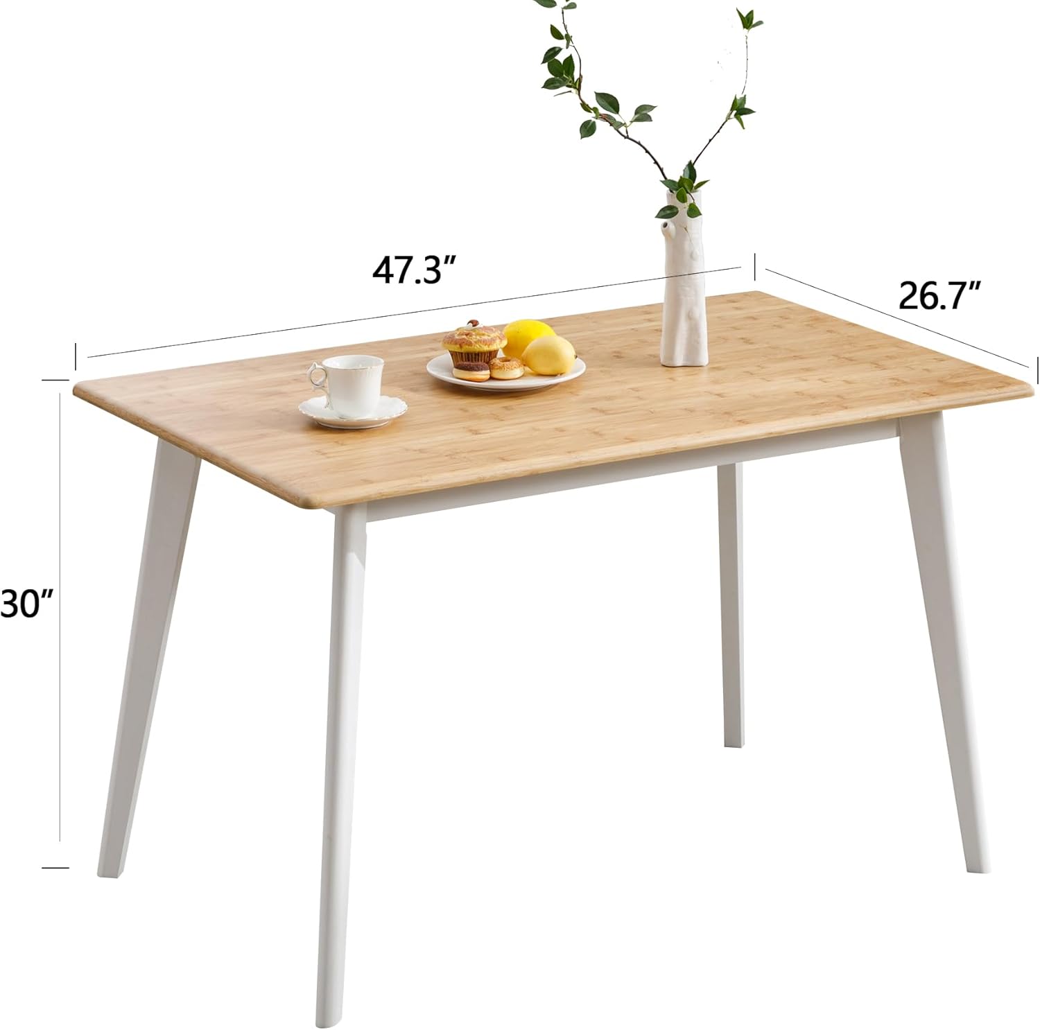 Dining Table Rectangular Kitchen Dining Room 100% Solid Bamboo Wooden Square Mid Century Table for Small Space 47 inch White