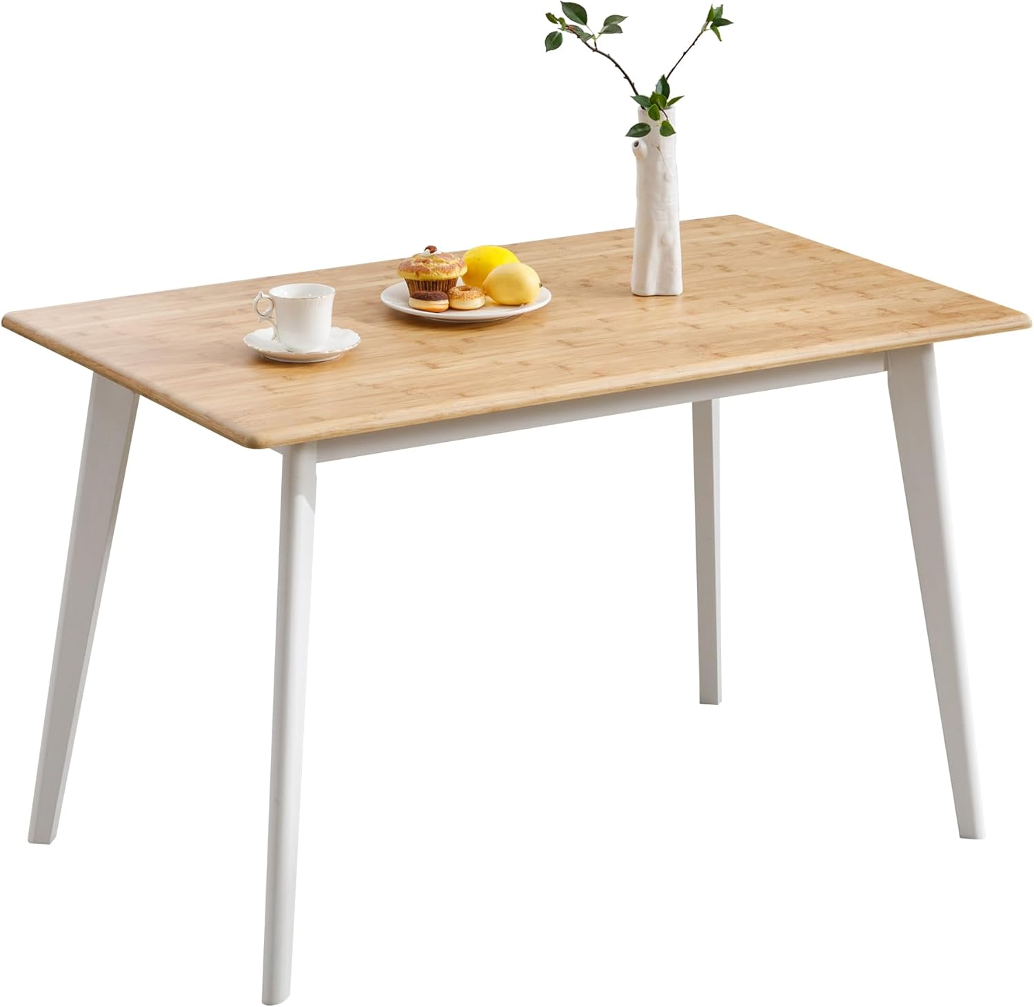 Dining Table Rectangular Kitchen Dining Room 100% Solid Bamboo Wooden Square Mid Century Table for Small Space 47 inch White