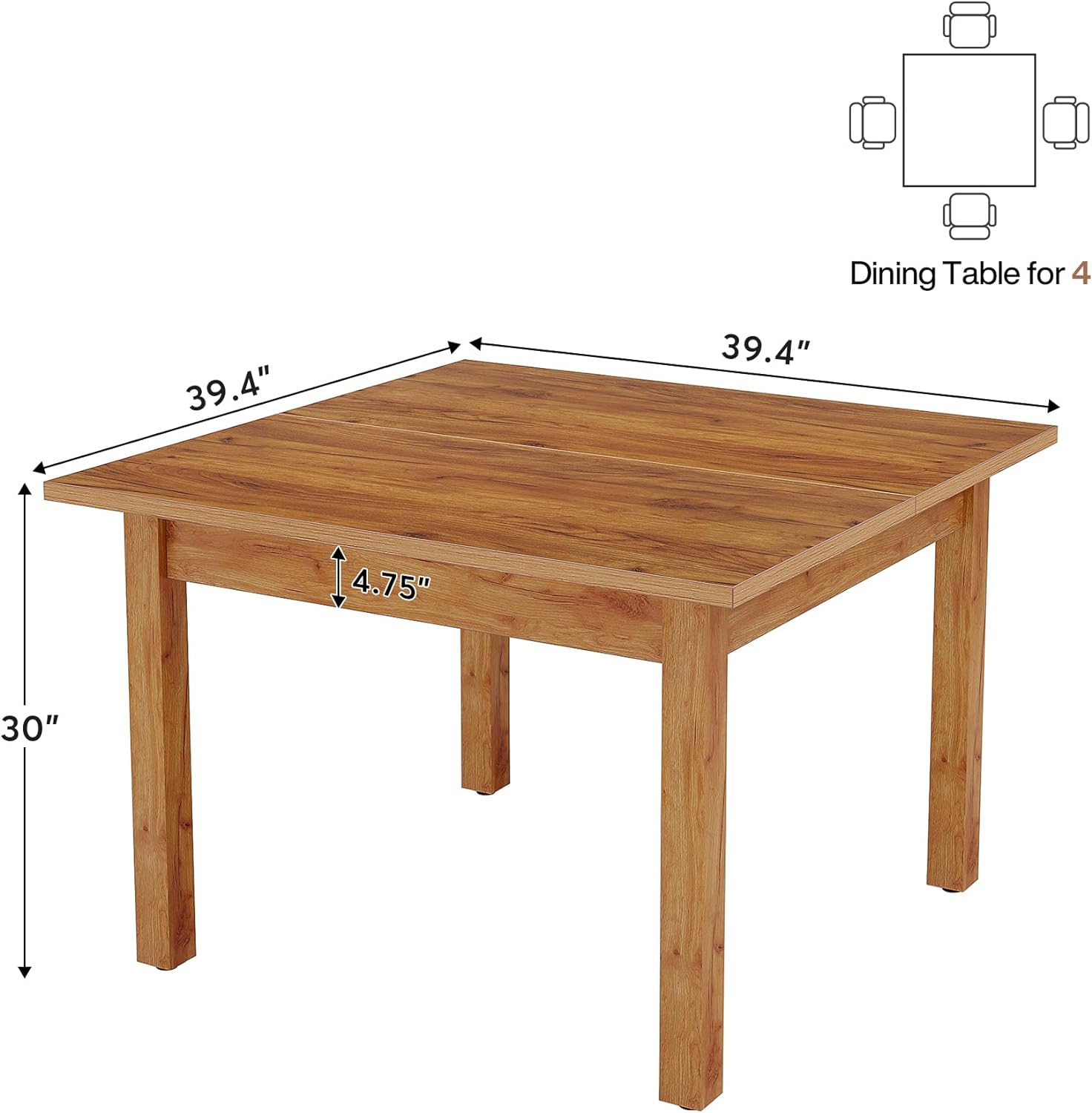 39 Inches Square Dining Table for 4 People, Brown Wooden Kitchen Table Small Dinner Table, Modern Dining Room Tables for Living Room, Kitchen, Oak Brown