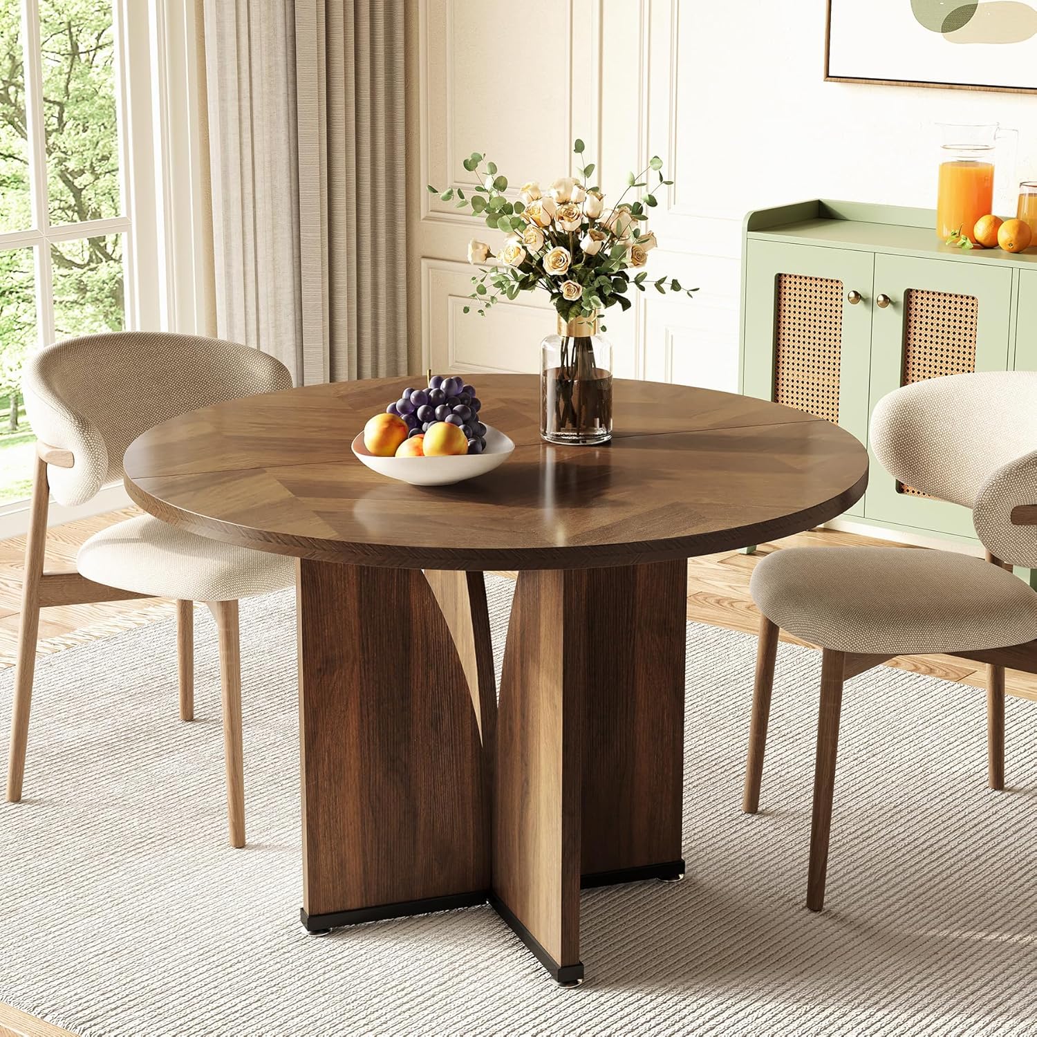 39-Inch Dining Table for 4, Rustic Kitchen Table, Round Dining Table with X-Shaped Stable Pedestal, Farmhouse Dinner Table for Dining Room, Living Room