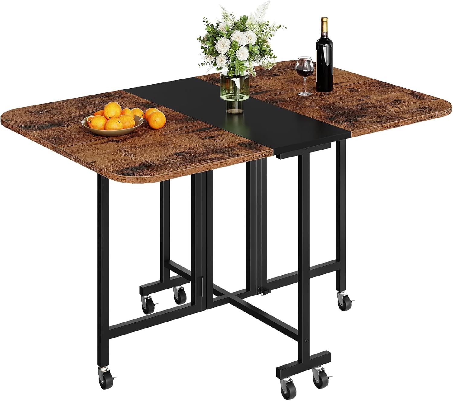 Folding Dining Table, Moveable Dining Table with Wheels, Foldable Dining Table, Space Saving Dining Table, for Dining Room, Kitchen, Living Room, Rustic Brown and Black