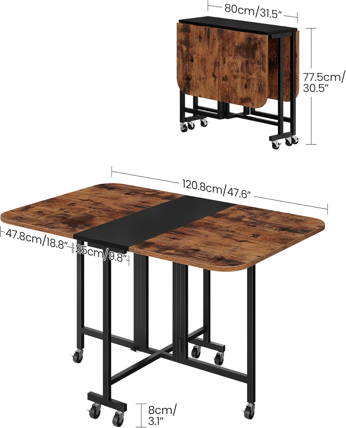 Folding Dining Table, Moveable Dining Table with Wheels, Foldable Dining Table, Space Saving Dining Table, for Dining Room, Kitchen, Living Room, Rustic Brown and Black