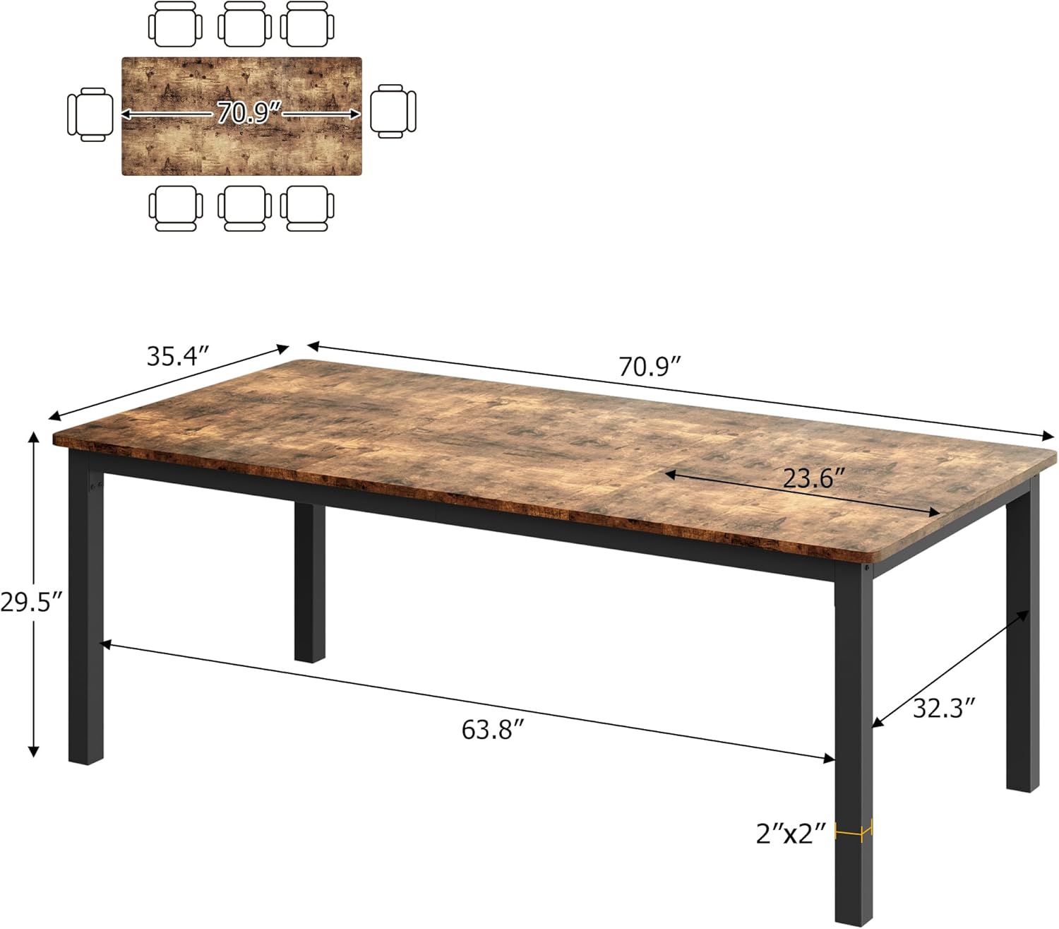 70.8in Industrial Dining Table for 6, Wooden Long Dinner Table with Mortise Tenon Design, Kitchen Table with Sturdy Metal Legs, for Dining Room Home Office Living Room, Retro Brown