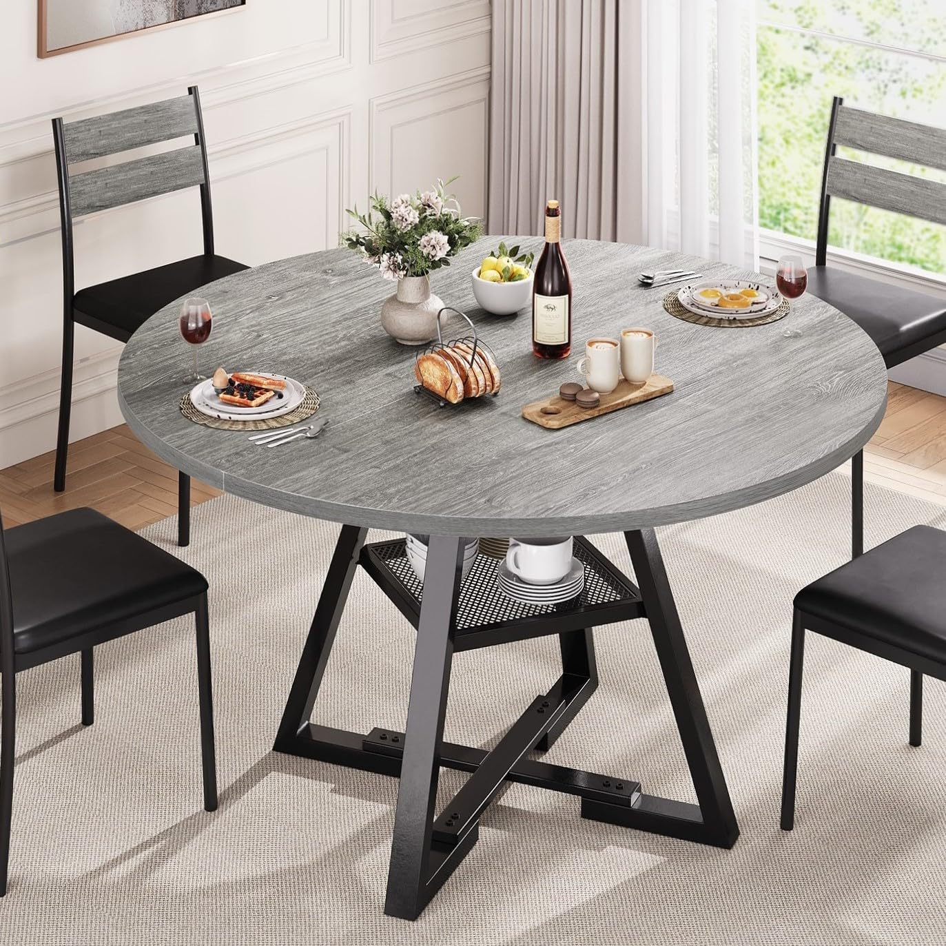 Round Dining Table for 4, Kitchen Table, 47In (Grey)
