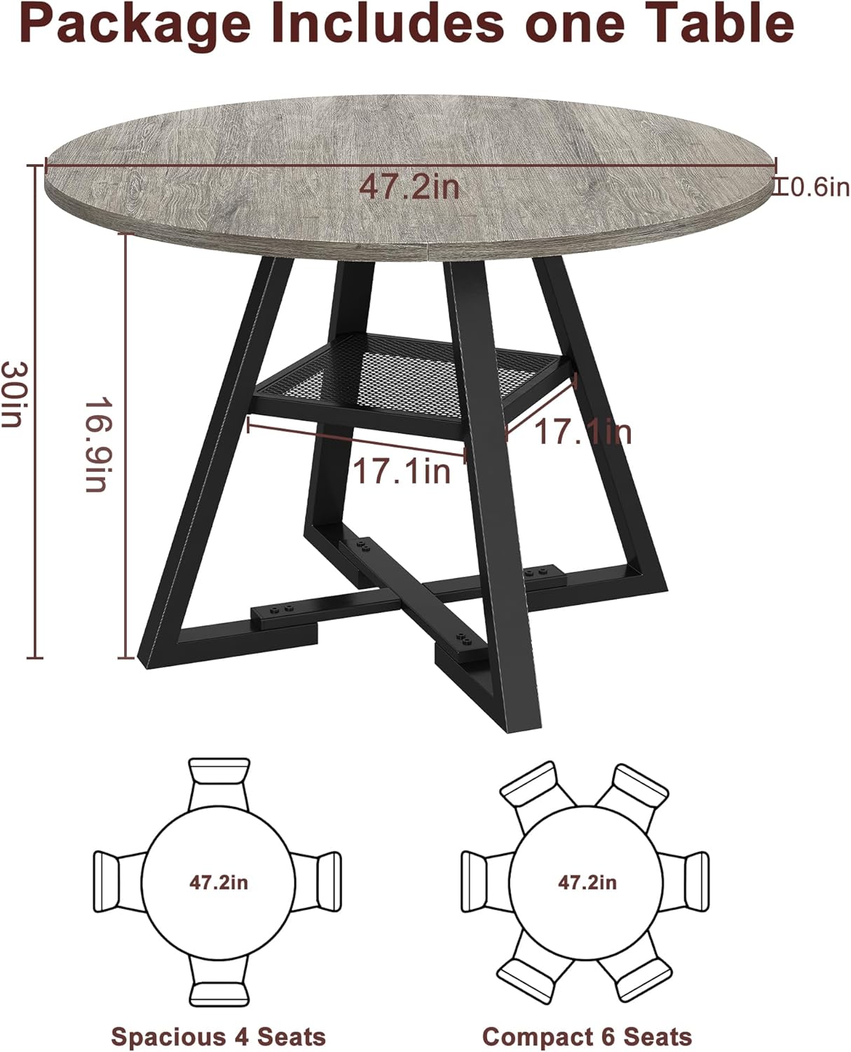 Round Dining Table for 4, Kitchen Table, 47In (Grey)