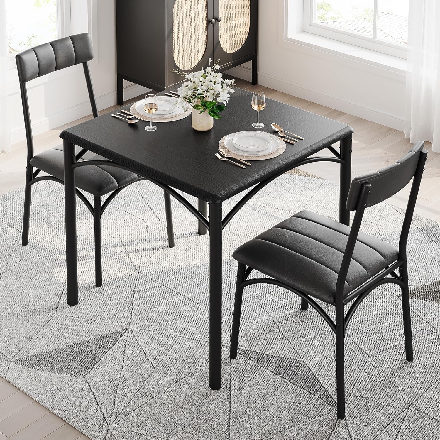 Dining Table Set for 2, Kitchen Table with Upholstered Chairs for 2, Small Dining Room Table Set, Square Kitchen Table Set for Small Space, Apartment, Home, Studio, Rustic Black