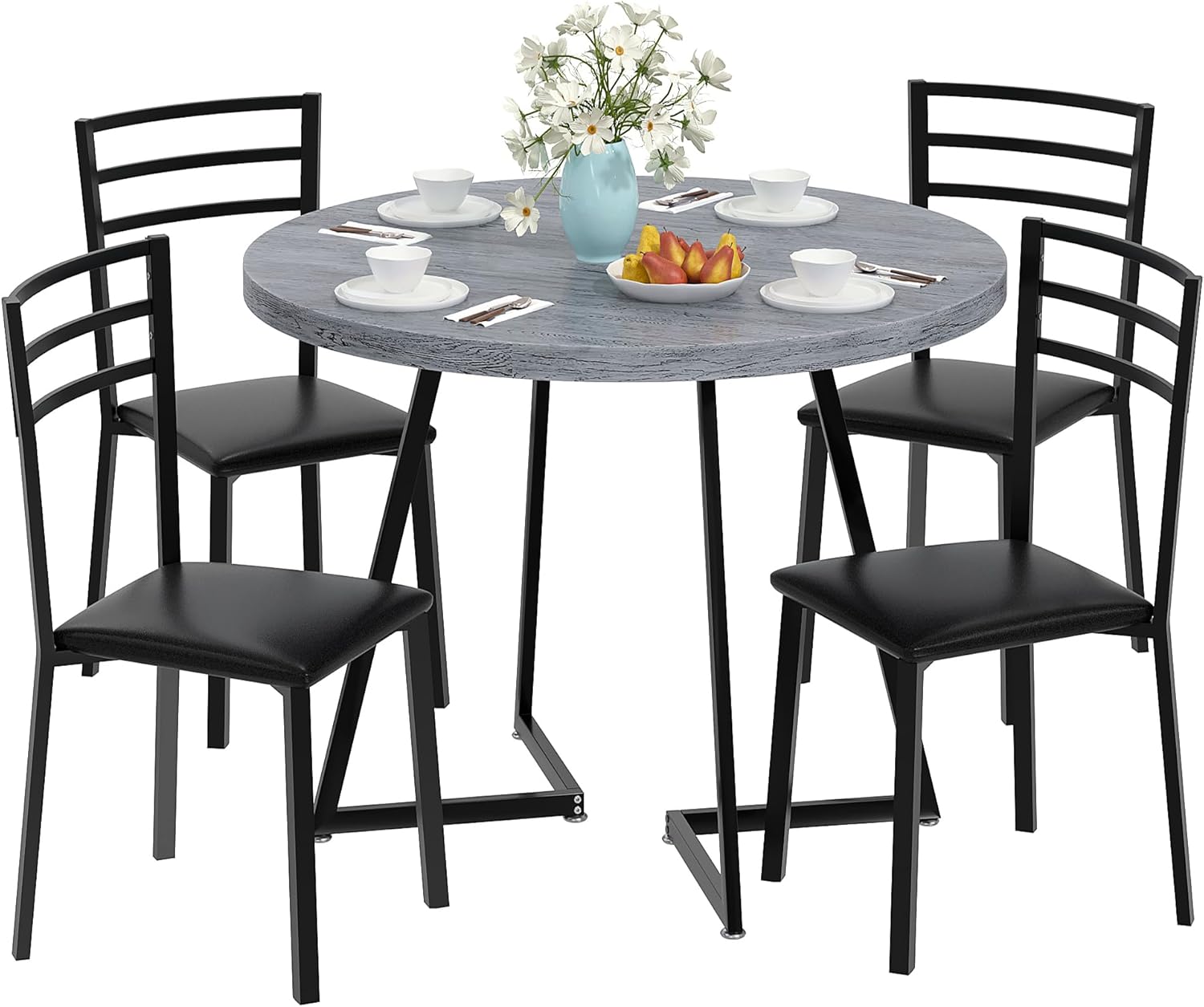 35” Round Dining Table Set with 4 Cushioned Padded Chairs for Kitchen, Breakfast Nook, or Living Room, Wood-Grain Tabletop & Heavy-Duty Steel Frame, Easy Assembly, Light Grey