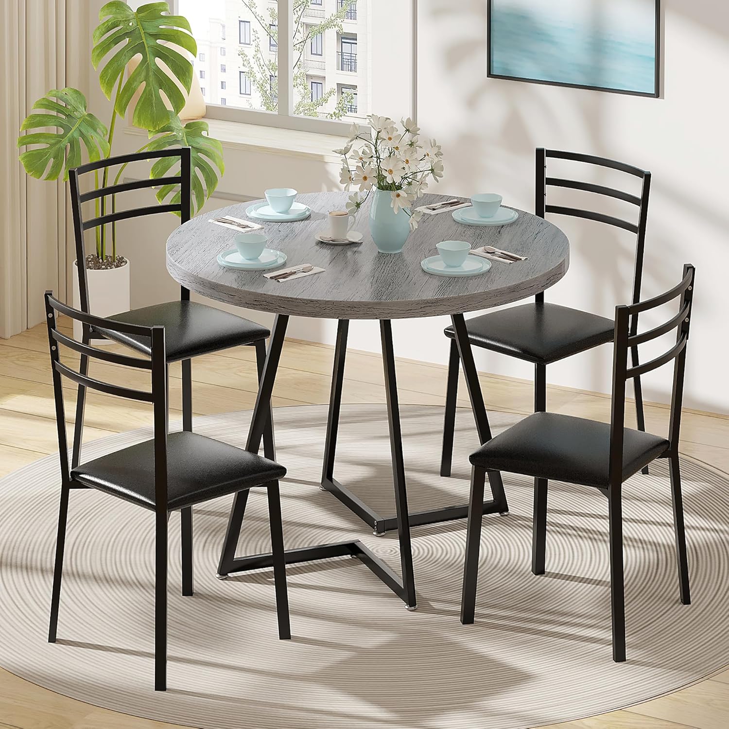 35” Round Dining Table Set with 4 Cushioned Padded Chairs for Kitchen, Breakfast Nook, or Living Room, Wood-Grain Tabletop & Heavy-Duty Steel Frame, Easy Assembly, Light Grey
