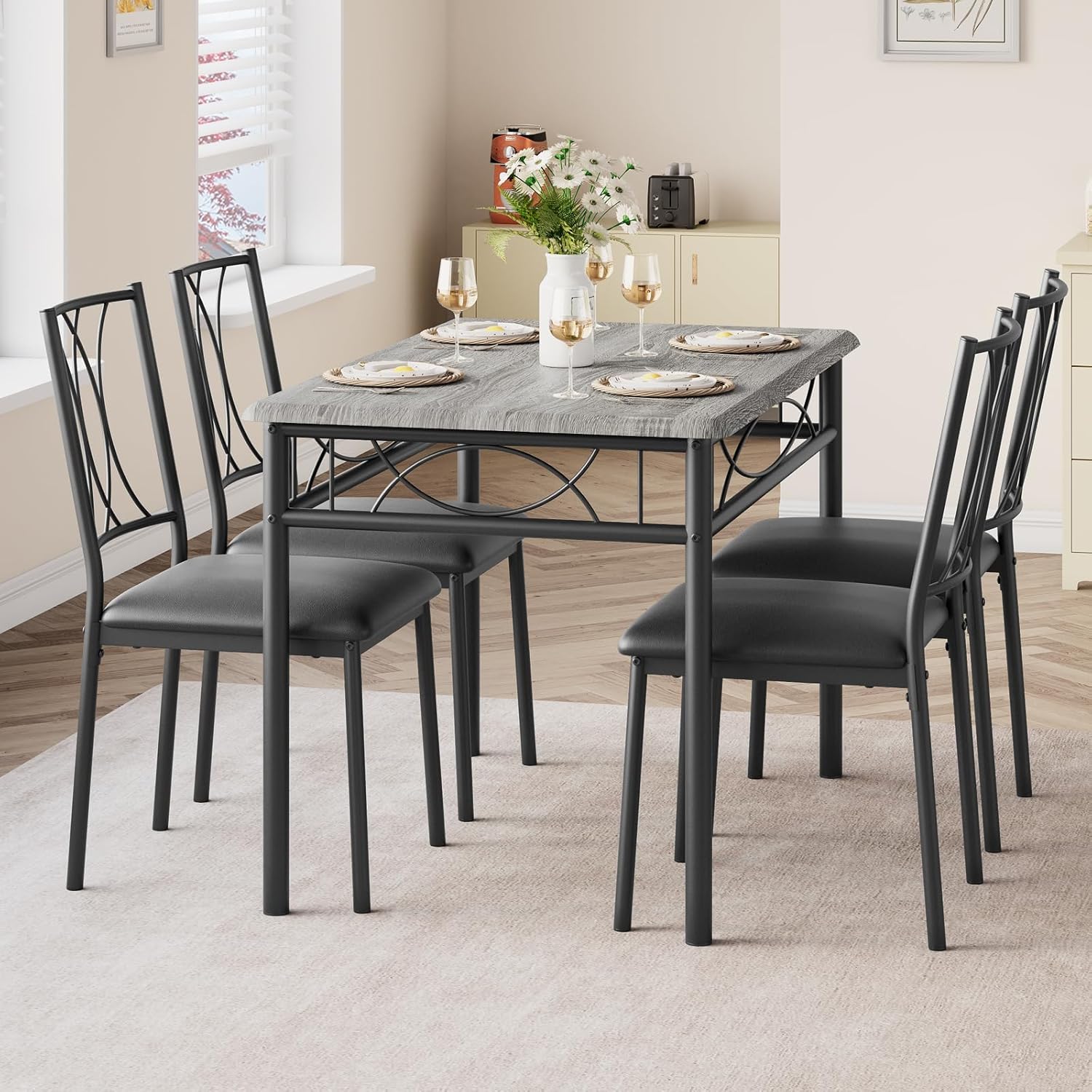 Dining Table Set for 4, Kitchen Table and Chairs Set for 4, Rectangular Kitchen Table Set, 5 Piece Small Dining Table Set with Upholstered Chairs for Apartment, Small Space, Retro Gray