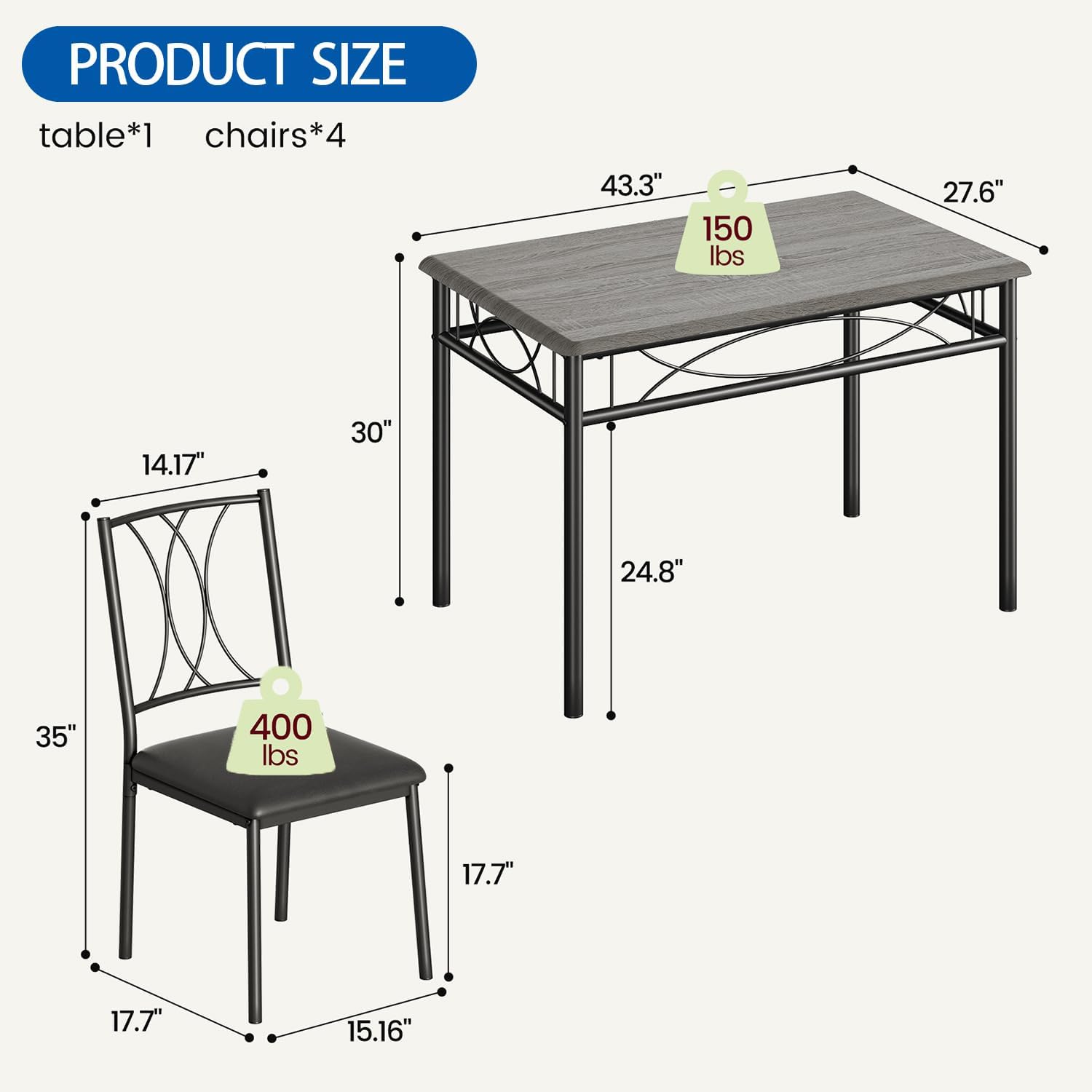 Dining Table Set for 4, Kitchen Table and Chairs Set for 4, Rectangular Kitchen Table Set, 5 Piece Small Dining Table Set with Upholstered Chairs for Apartment, Small Space, Retro Gray