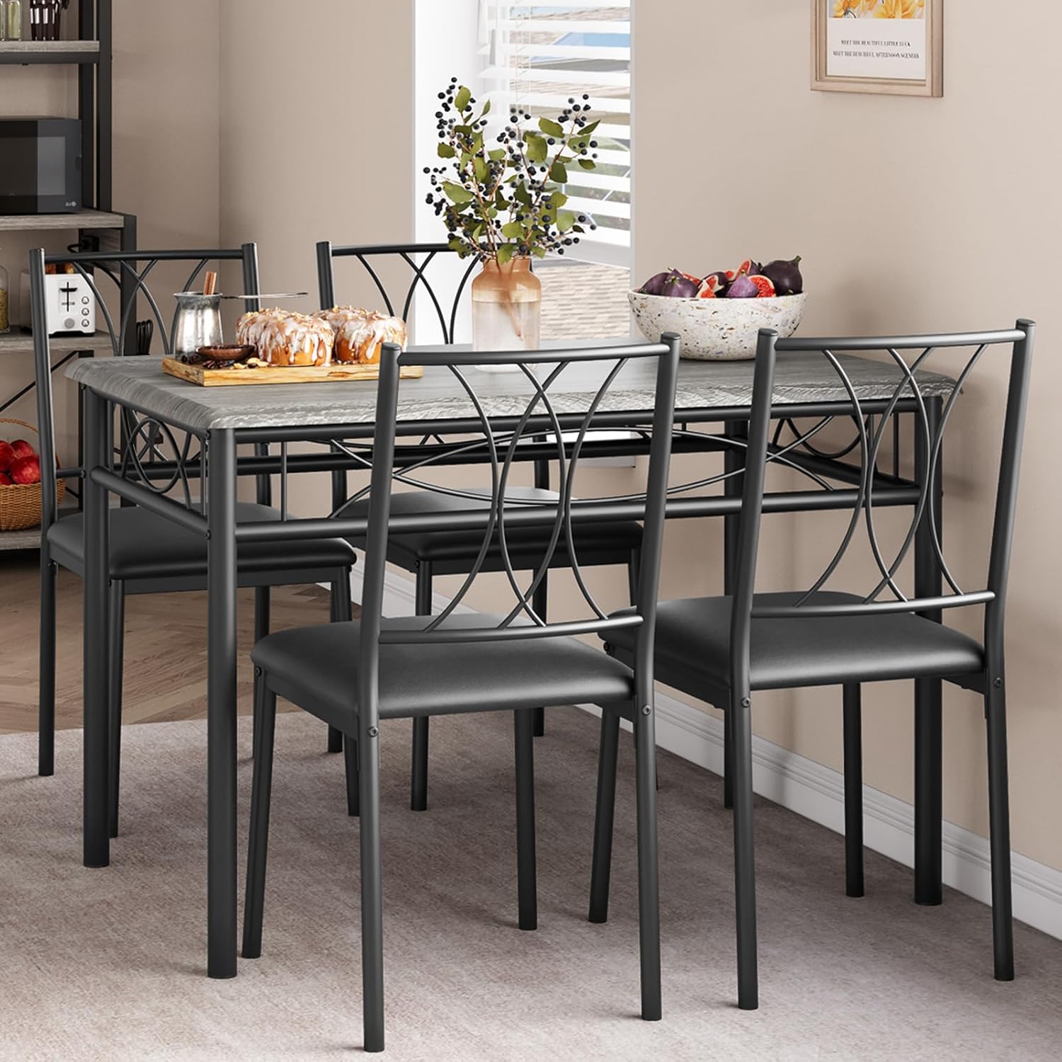 Dining Table Set for 4, Kitchen Table and Chairs Set for 4, Rectangular Kitchen Table Set, 5 Piece Small Dining Table Set with Upholstered Chairs for Apartment, Small Space, Retro Gray