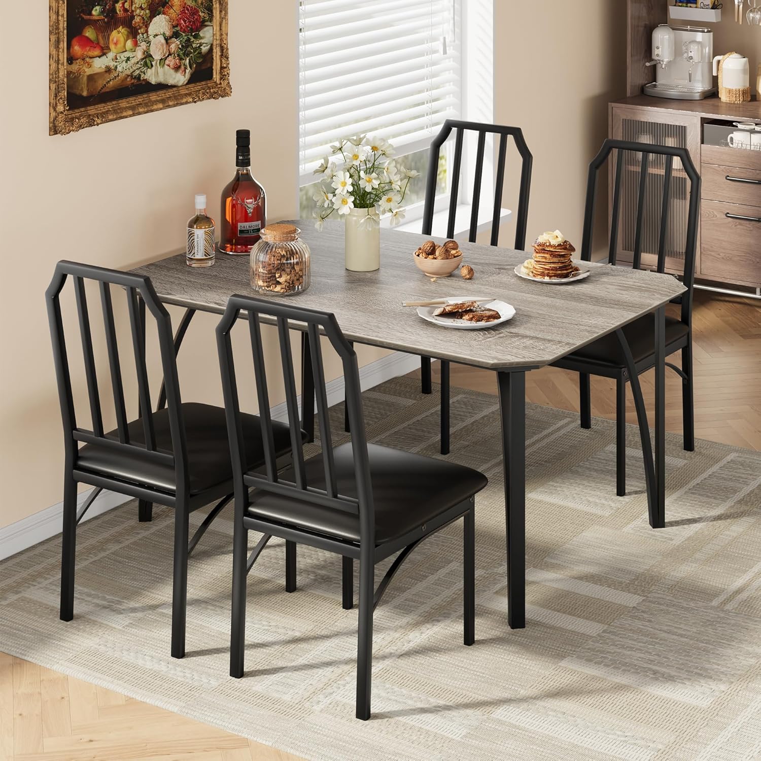Dining Table Set for 4, Kitchen Table with Chamfer Design, 5 Piece Dining Room Set with Cushion Seats for Small Space, Home Kitchen, Apartment - Grey