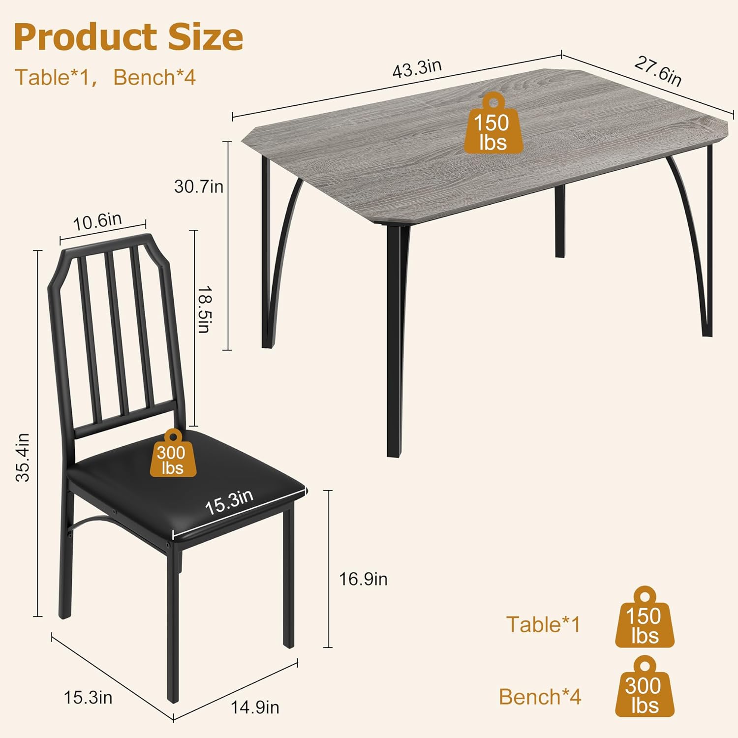 Dining Table Set for 4, Kitchen Table with Chamfer Design, 5 Piece Dining Room Set with Cushion Seats for Small Space, Home Kitchen, Apartment - Grey