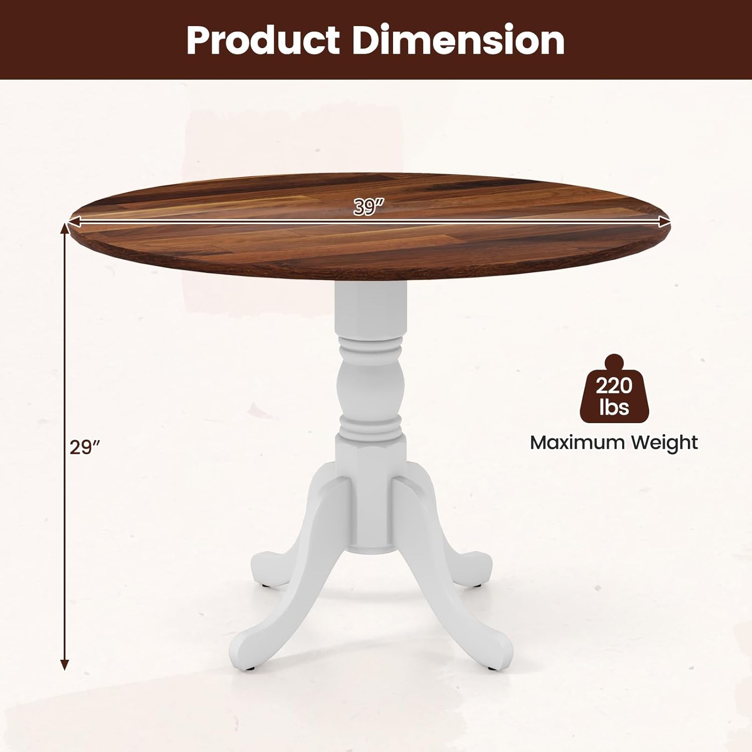 Round Dining Table for 4, 39 inch Kitchen Table with Solid Rubber Wood Frame, Adjustable Foot Pads, Curved Trestle Legs, Mid Century Rustic Dinning Table for Living Room (Walnut+White)