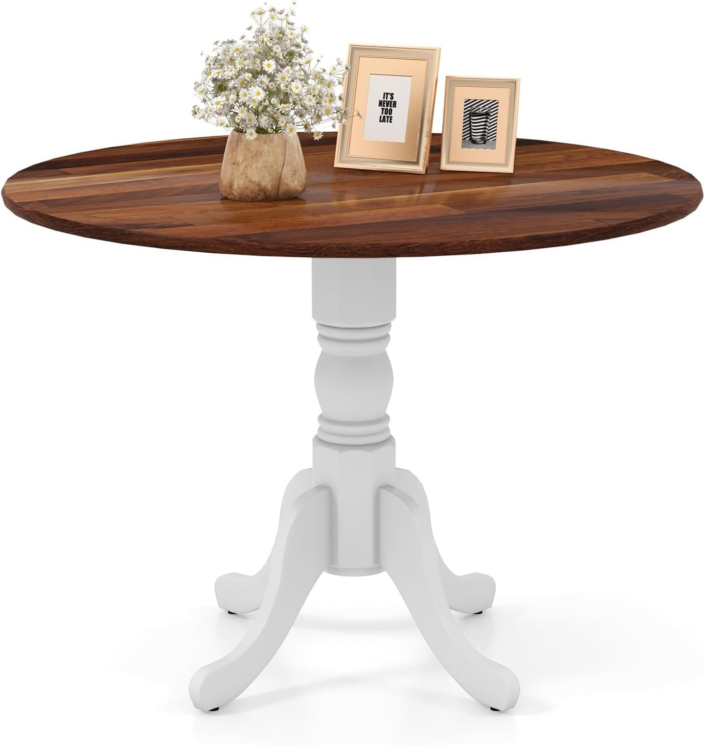 Round Dining Table for 4, 39 inch Kitchen Table with Solid Rubber Wood Frame, Adjustable Foot Pads, Curved Trestle Legs, Mid Century Rustic Dinning Table for Living Room (Walnut+White)