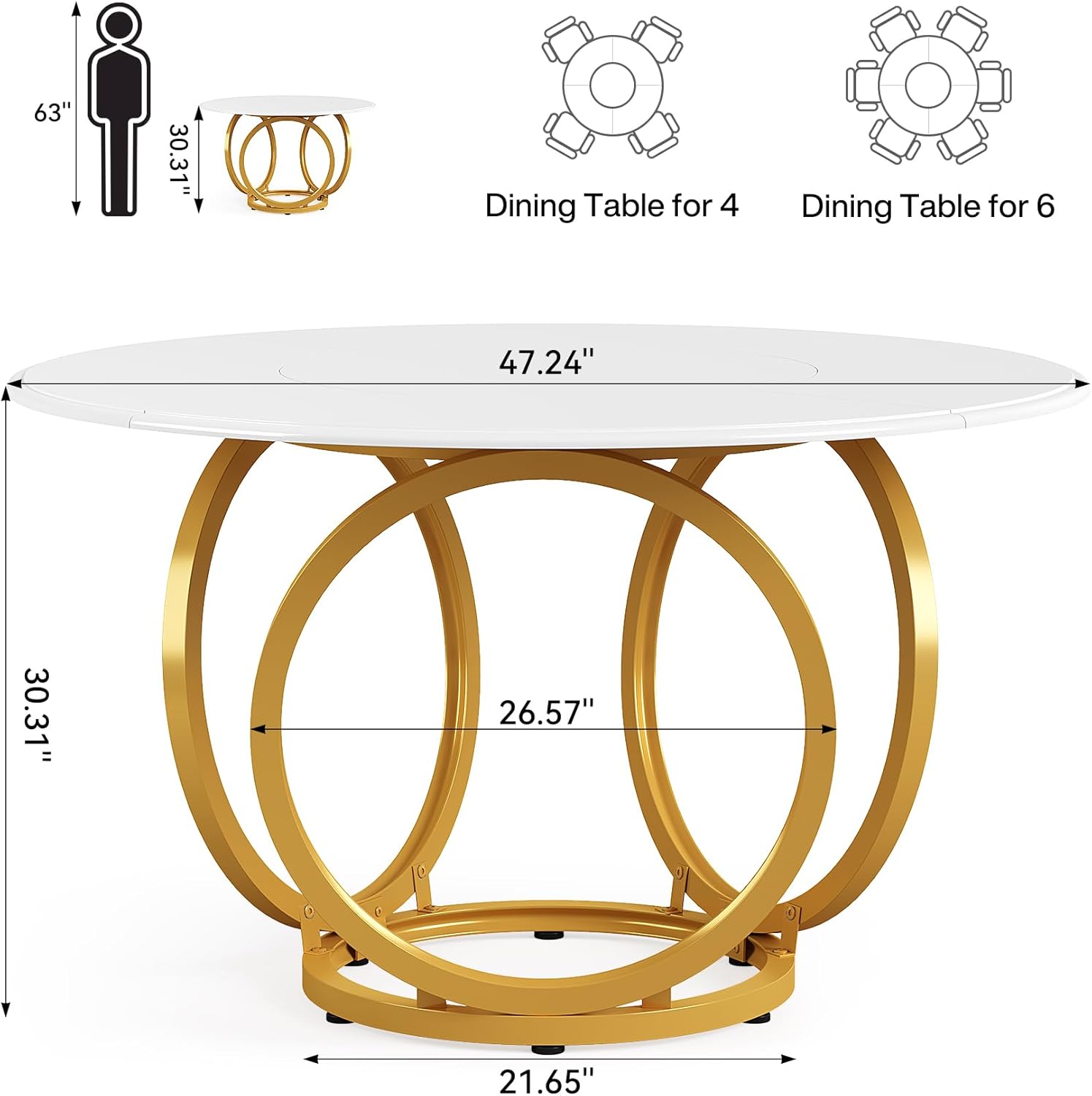 Modern White Dining Table for 4, 47-Inch Large Round Kitchen Table with Golden Metal Base for Dining Room. White and Gold