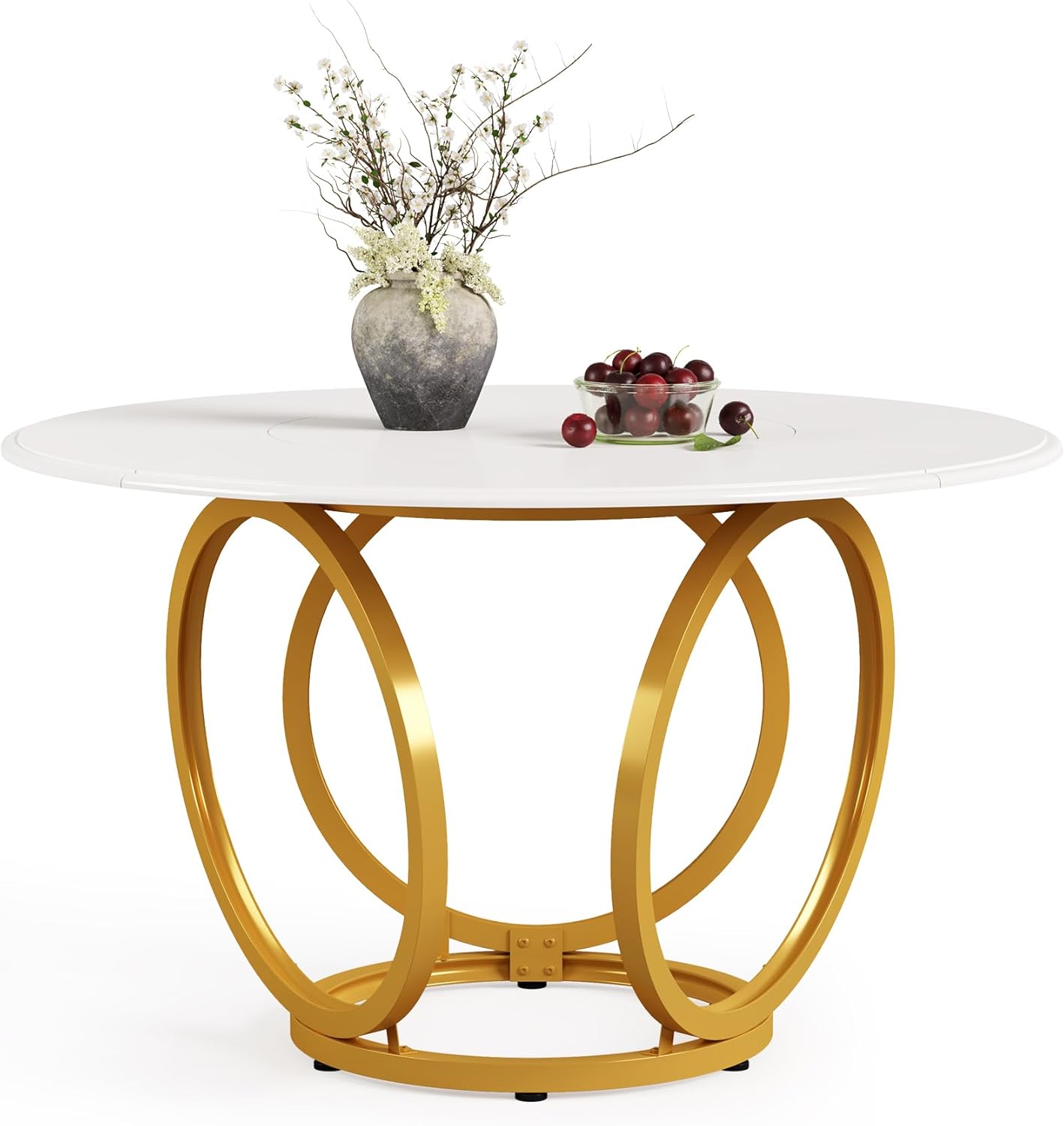 Modern White Dining Table for 4, 47-Inch Large Round Kitchen Table with Golden Metal Base for Dining Room. White and Gold
