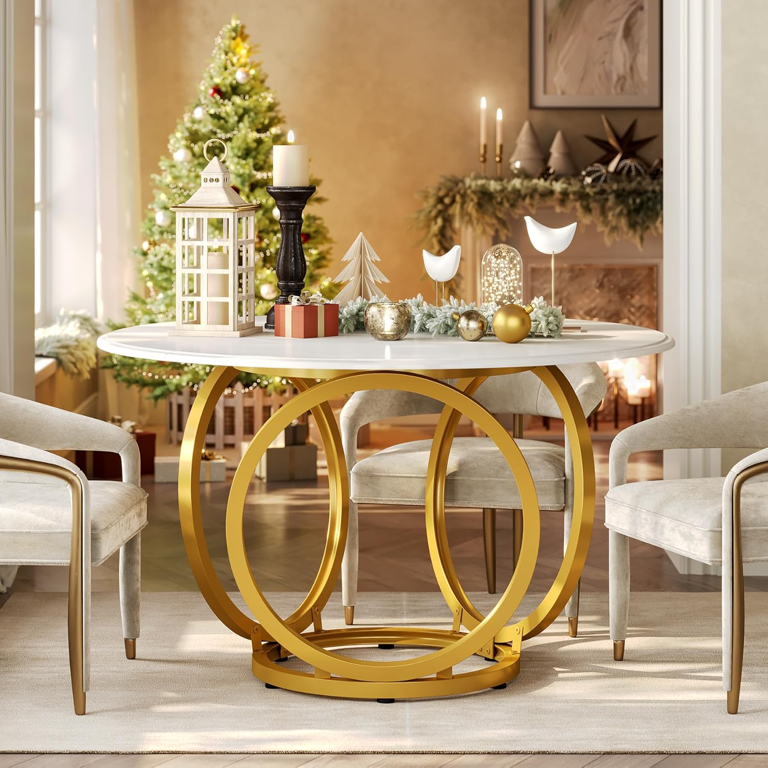 Modern White Dining Table for 4, 47-Inch Large Round Kitchen Table with Golden Metal Base for Dining Room. White and Gold