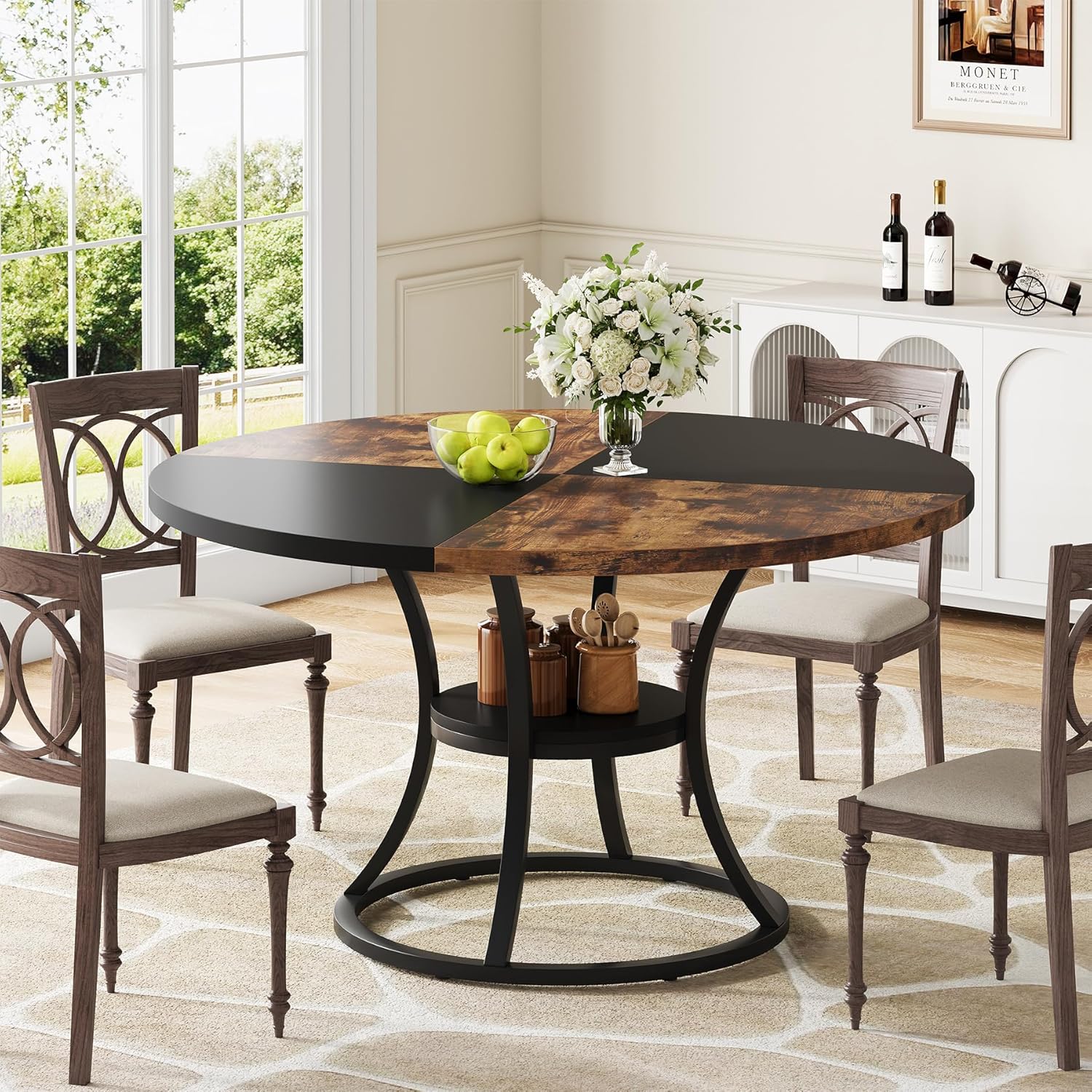 Round Dining Table for 4-6, 47 inch Wood Dining Room Table with Storage Shelf, Farmhouse Kitchen Table with Metal Base, Large Round Table for Home, Rustic Brown and Black, No Chairs