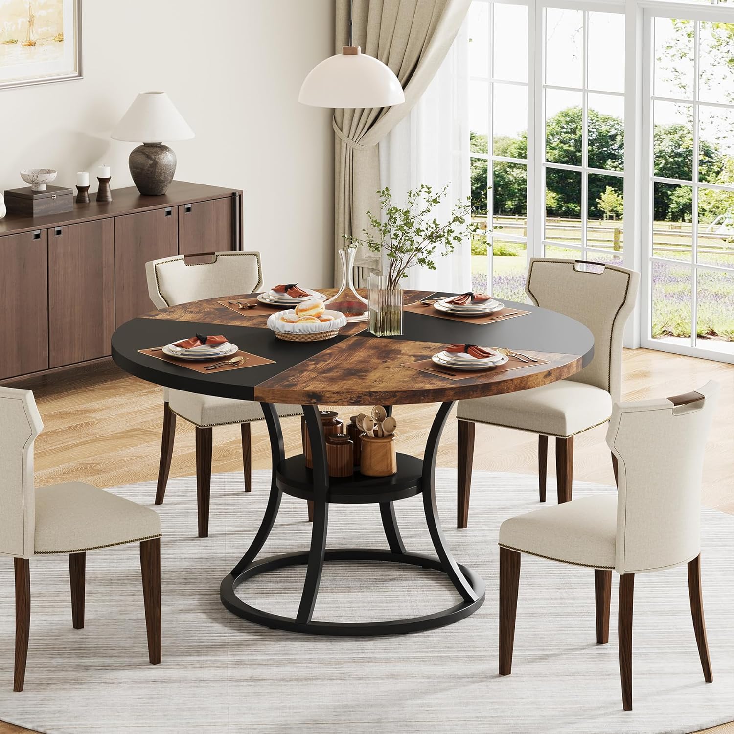 Round Dining Table for 4-6, 47 inch Wood Dining Room Table with Storage Shelf, Farmhouse Kitchen Table with Metal Base, Large Round Table for Home, Rustic Brown and Black, No Chairs