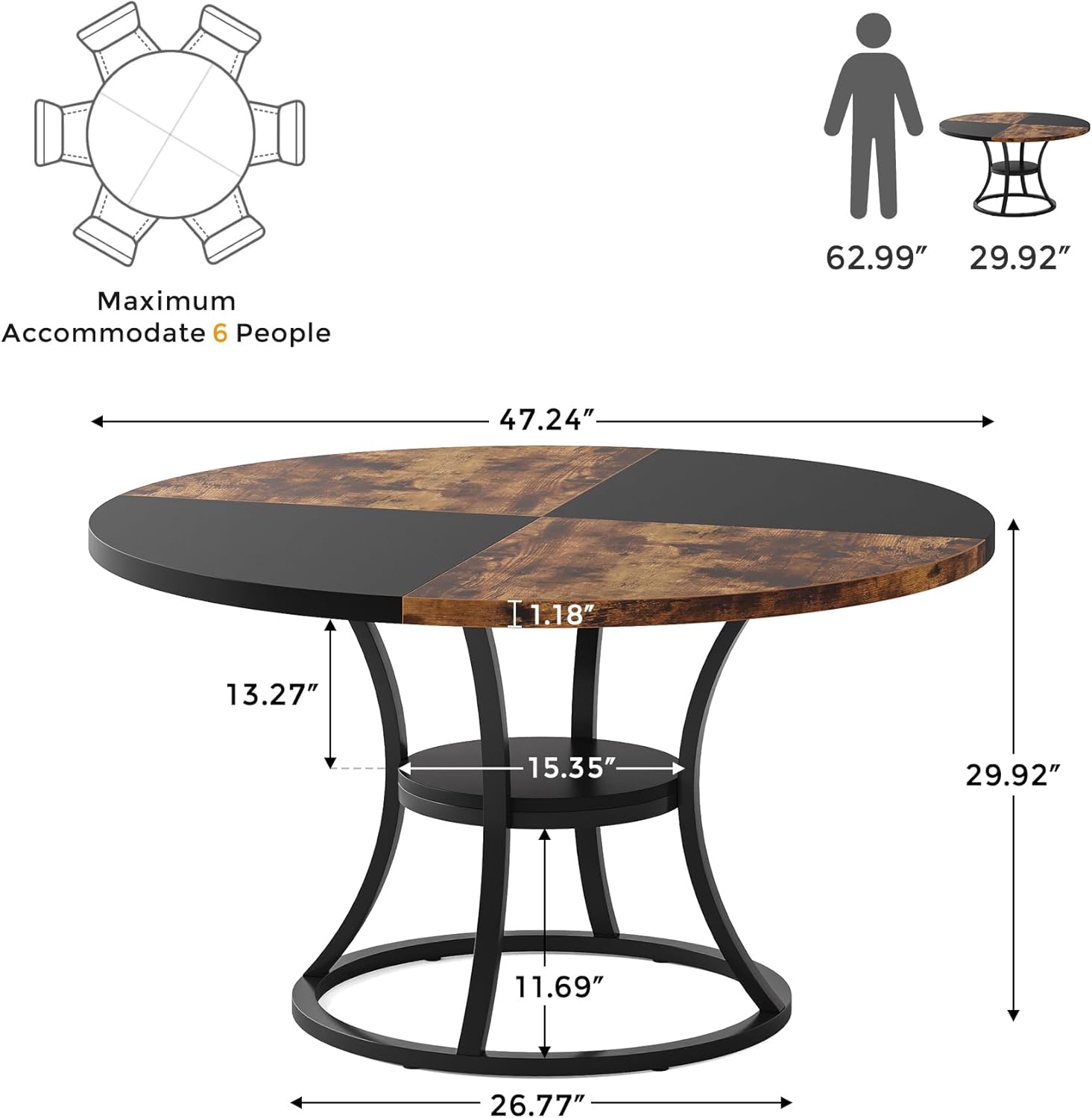 Round Dining Table for 4-6, 47 inch Wood Dining Room Table with Storage Shelf, Farmhouse Kitchen Table with Metal Base, Large Round Table for Home, Rustic Brown and Black, No Chairs