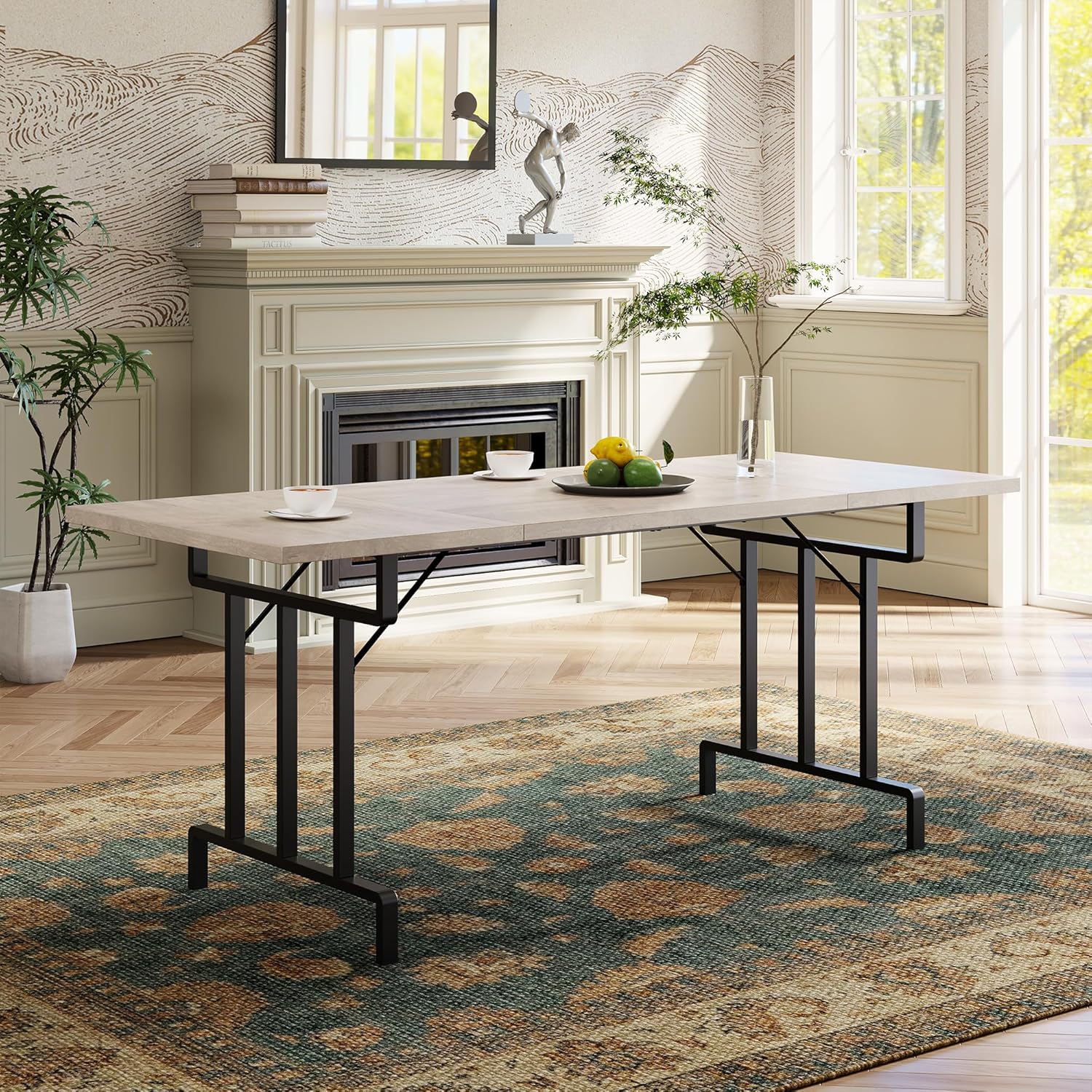 Dining Table for 6-8 People, 70.87-Inch Rectangular Wood Dining Table, Rustic Style Kitchen Table with Heavy Duty Metal Legs for Dining Room, Home Office, Living Room, Easy Assembly, Grey