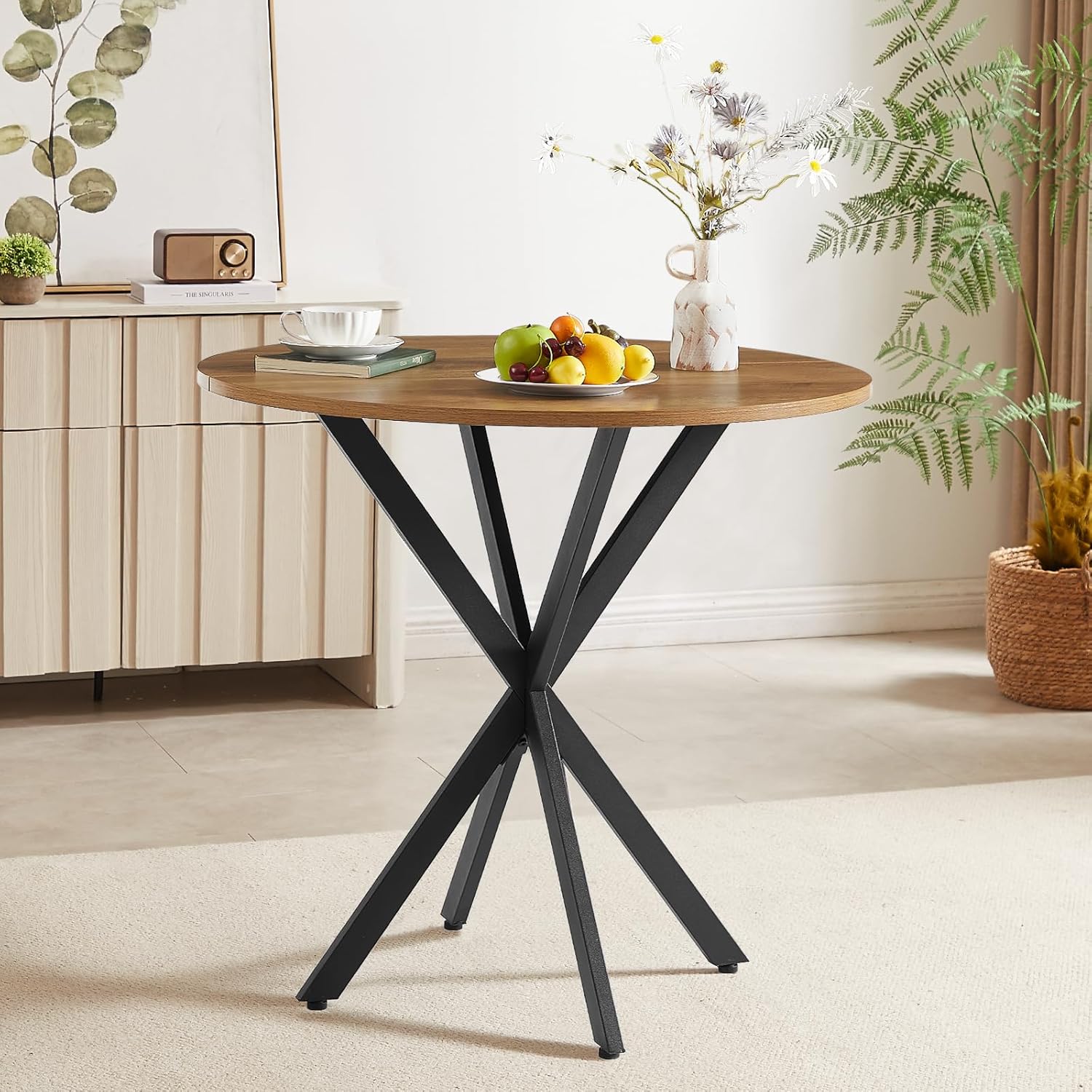 31.5" Round Dining Table for 2-4 People, Modern Circle Kitchen Table with Intersecting Metal Pedestal and Wooden Tabletop for Small Space, Dining Room, Kitchen, Light Brown