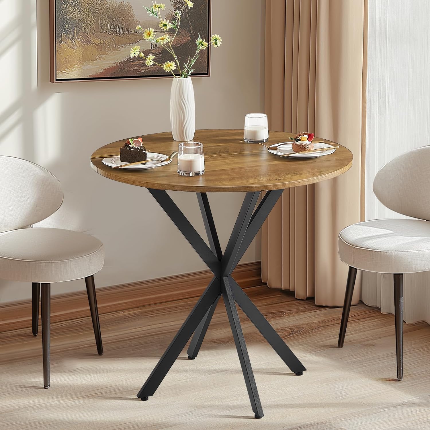 31.5" Round Dining Table for 2-4 People, Modern Circle Kitchen Table with Intersecting Metal Pedestal and Wooden Tabletop for Small Space, Dining Room, Kitchen, Light Brown