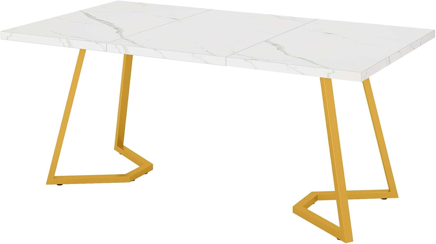55" Rectangular Dining Table Farmhouse Kitchen Dinner Table with Faux Marble Top, a Gold Metal Frame for Kitchen, Dining Room, Restaurants, White