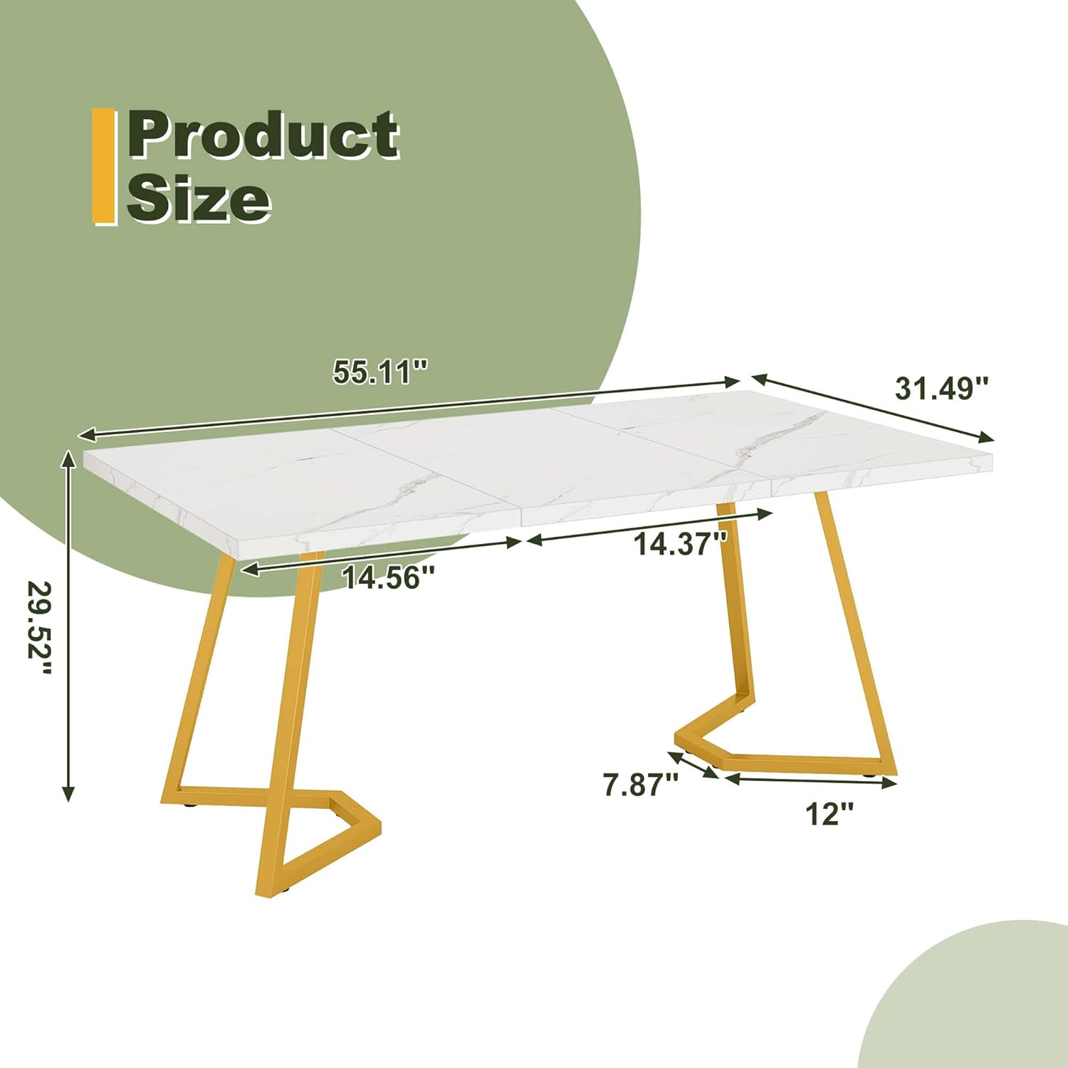 55" Rectangular Dining Table Farmhouse Kitchen Dinner Table with Faux Marble Top, a Gold Metal Frame for Kitchen, Dining Room, Restaurants, White