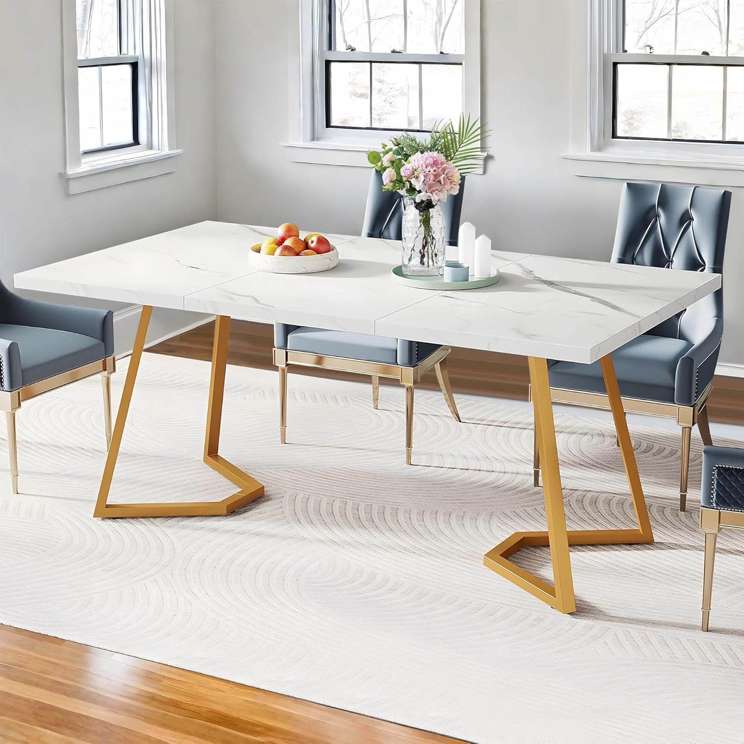 55" Rectangular Dining Table Farmhouse Kitchen Dinner Table with Faux Marble Top, a Gold Metal Frame for Kitchen, Dining Room, Restaurants, White