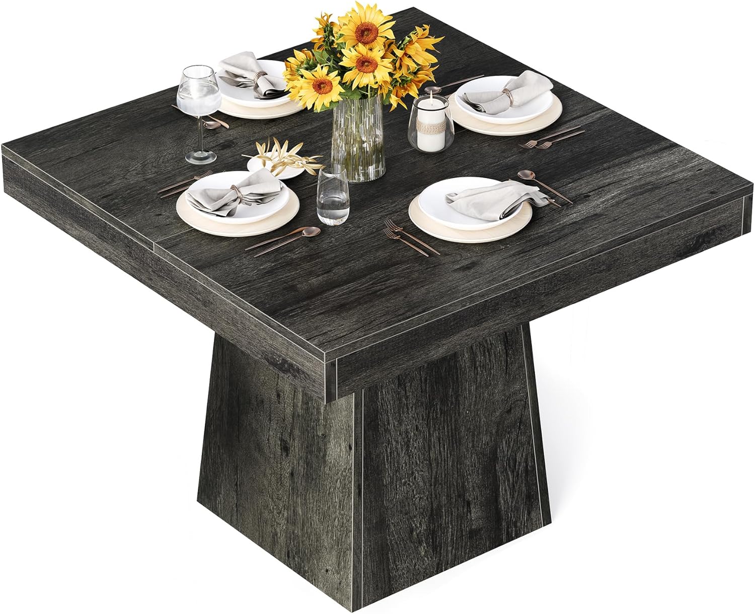 Dining Table for 4 People, 31.5-Inch Square Small Kitchen Table, Farmhouse Dinner Table with Sturdy Pedestal Base for Restaurant, Dining Room, Living Room, Grey