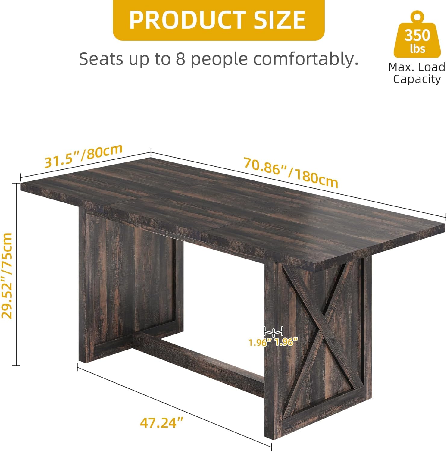  Farmhouse Large Dining Table for 6-8 People, 70.8 Inch Rectangular Wood Dining Table, Rustic Kitchen Dinner Table with X Solid Legs for Dining Room, Oak Grey