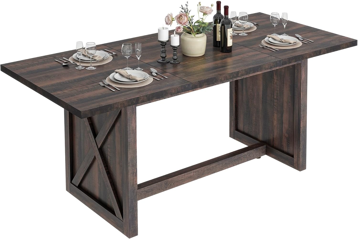  Farmhouse Large Dining Table for 6-8 People, 70.8 Inch Rectangular Wood Dining Table, Rustic Kitchen Dinner Table with X Solid Legs for Dining Room, Oak Grey