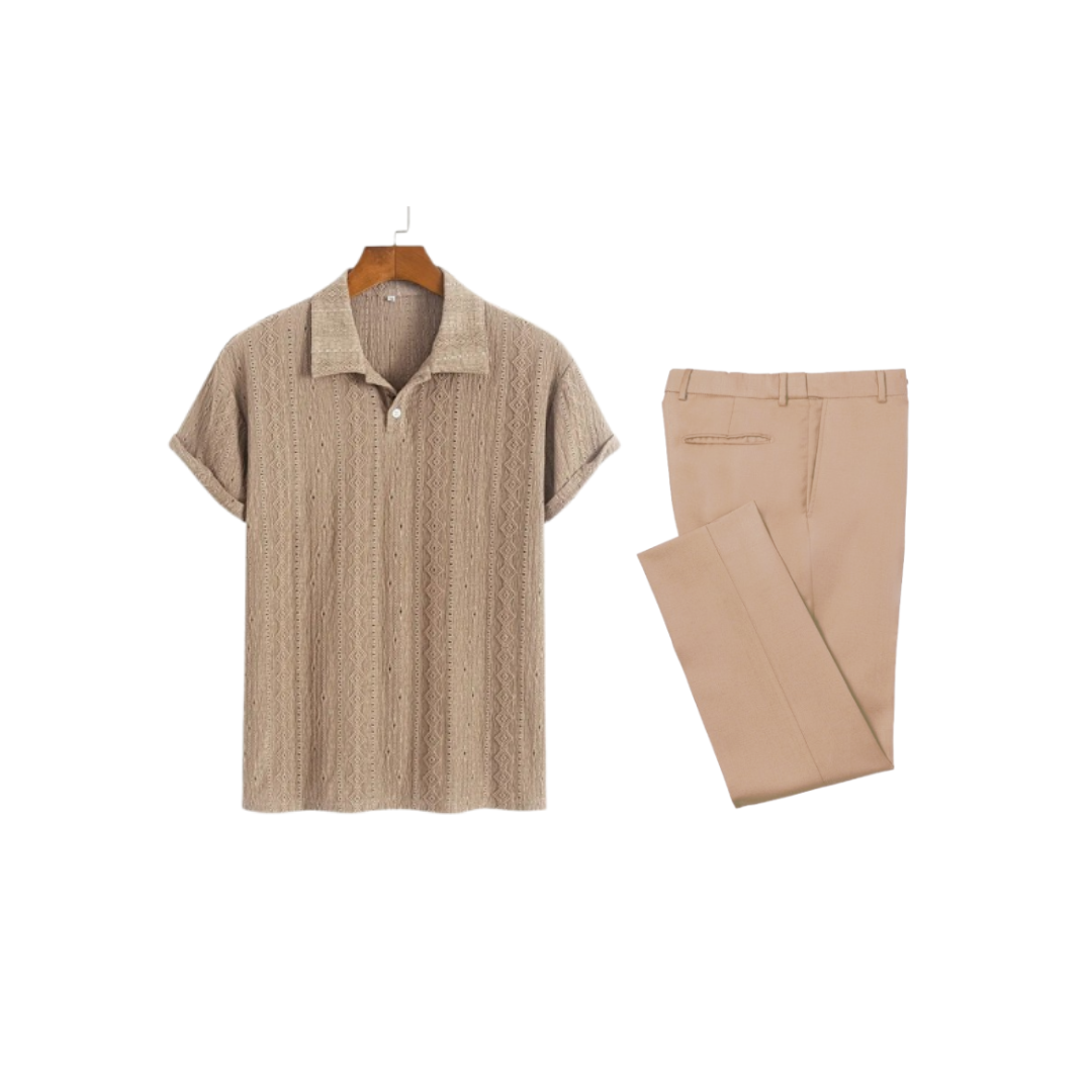 Beige Summer Knit Polo and Pants Set