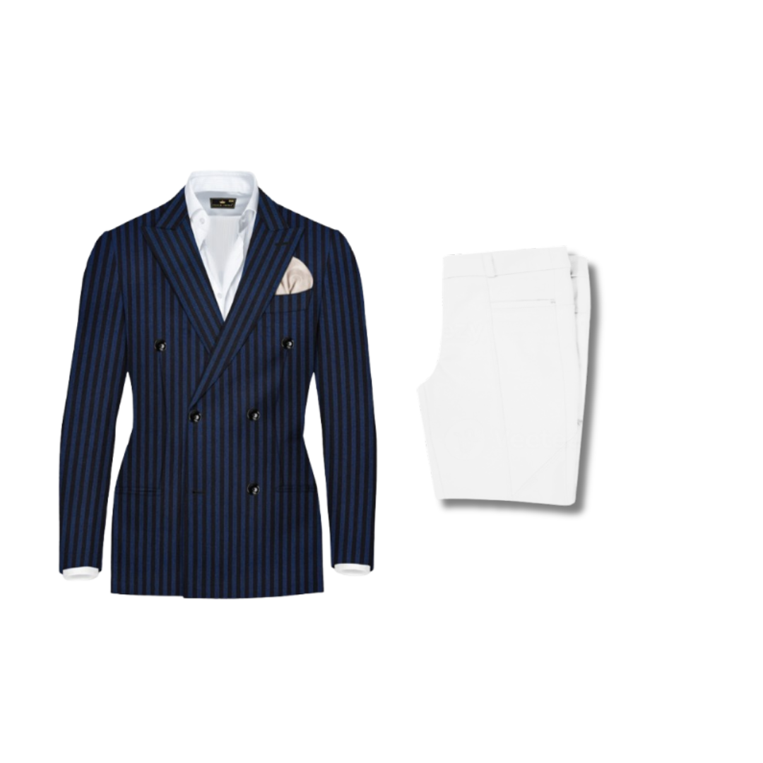 Navy Pinstripe Blazer with White Trousers