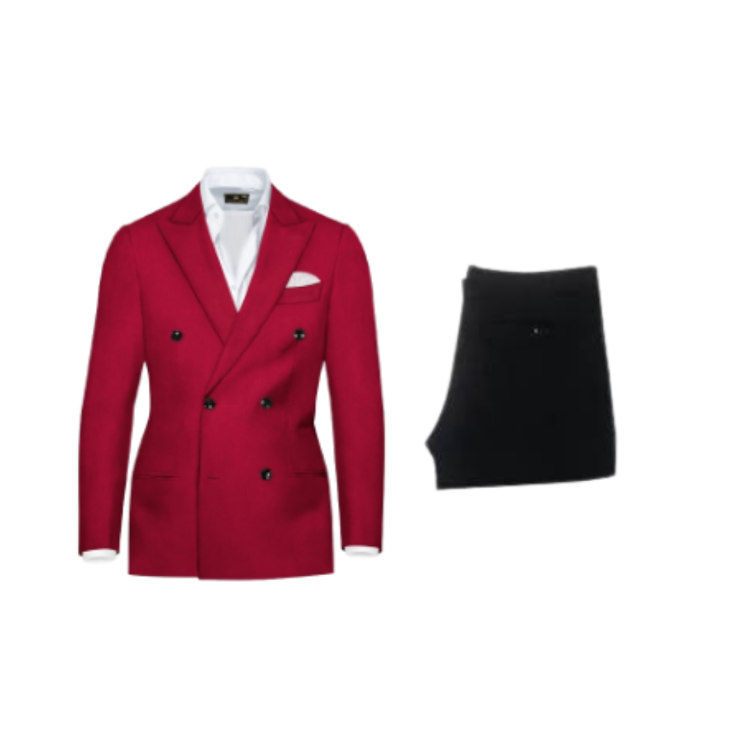 Red Double-Breasted Blazer with Black Trousers
