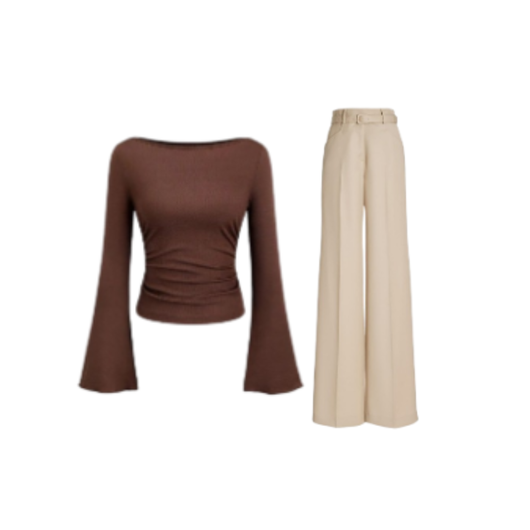 Brown Bell Sleeve Top and Beige Wide-Leg Pants Set