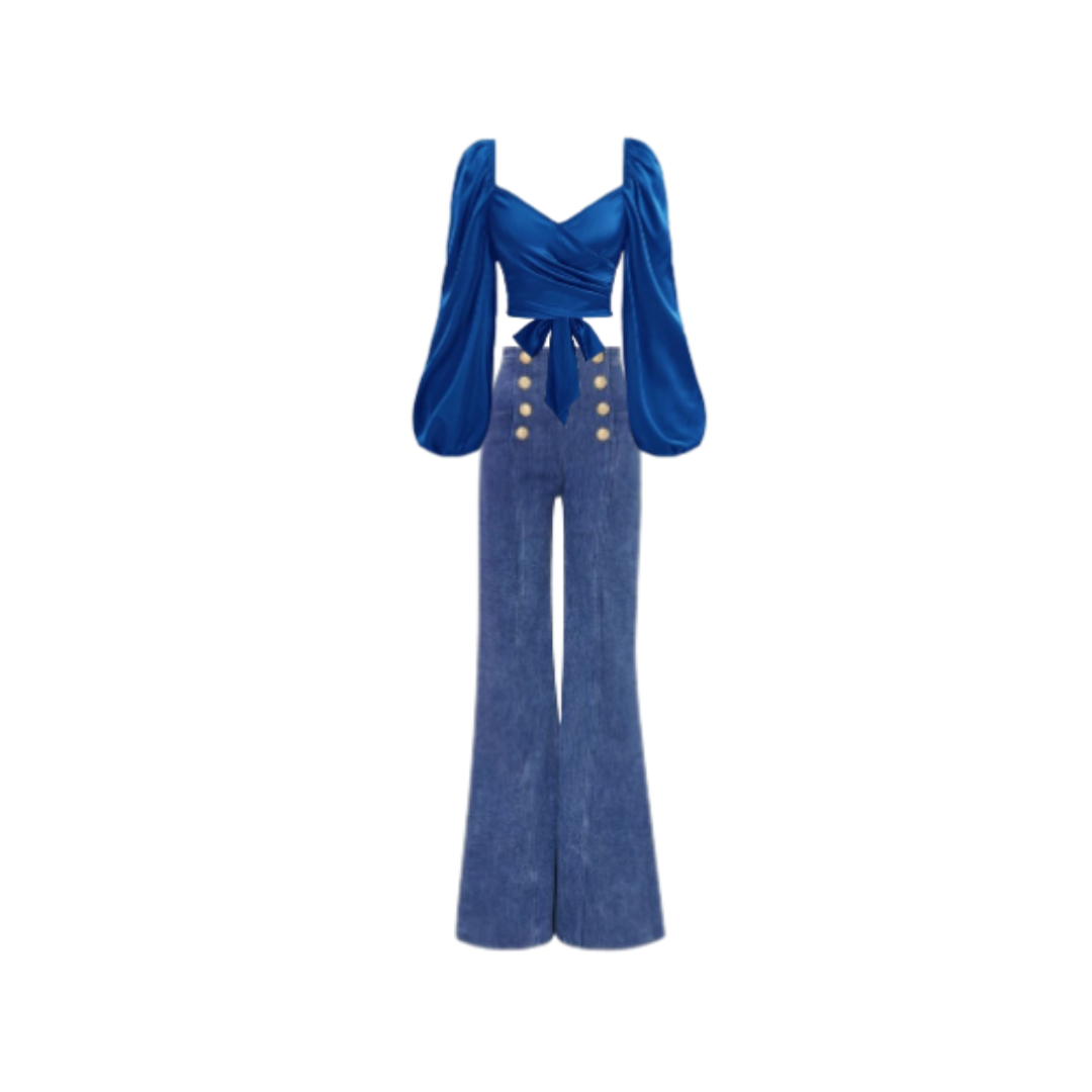 Chic Blue Satin Top and High-Waist Flared Jeans Set