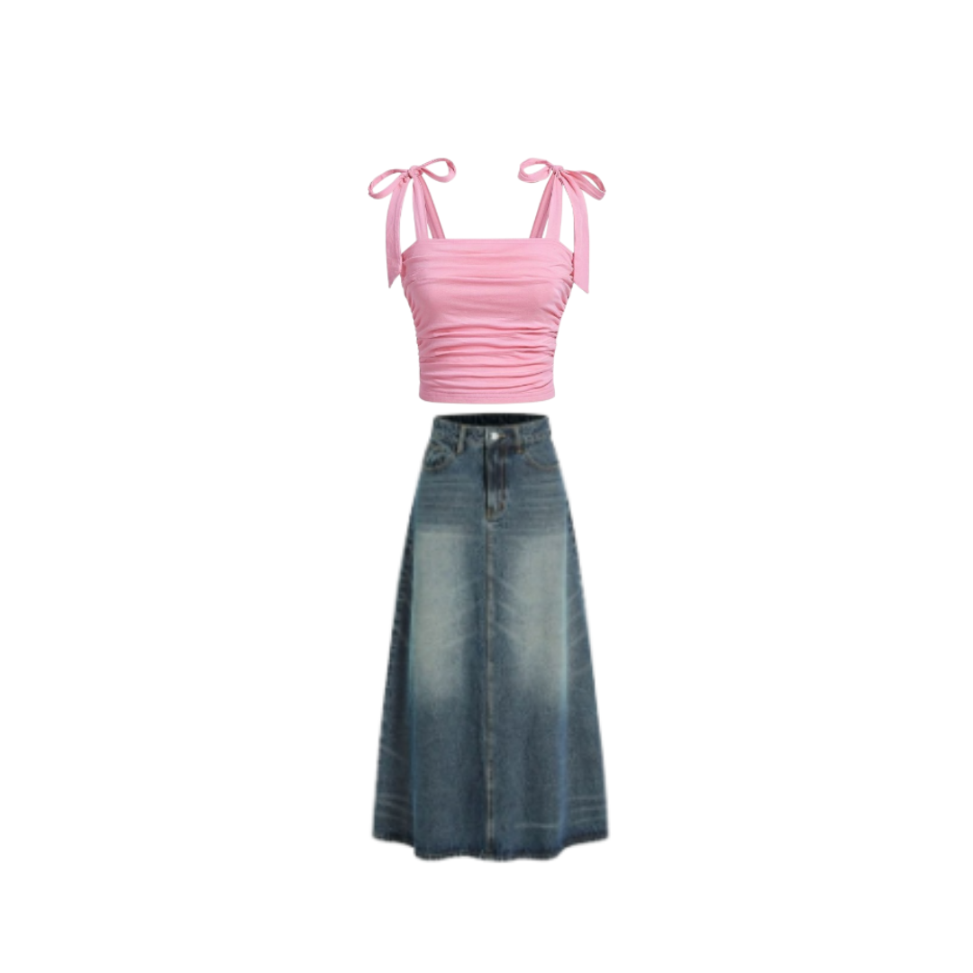 Pink Ruched Crop Top and Denim Skirt Set