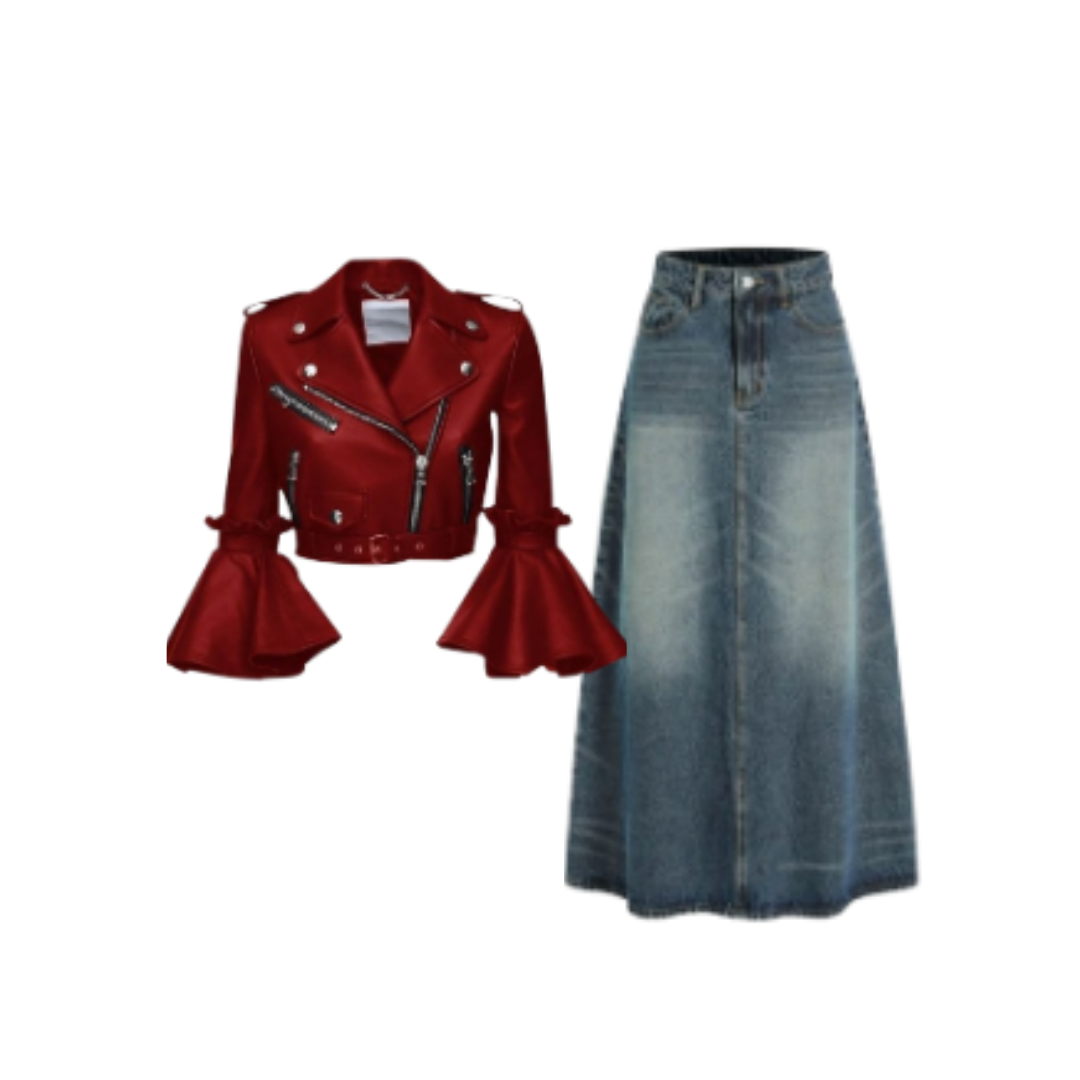 Red Ruffle Sleeve Moto Jacket and Denim Maxi Skirt Set
